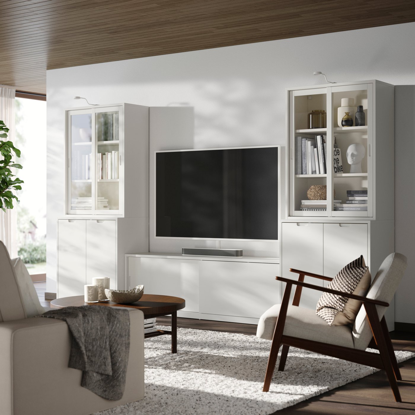 IKEA TONSTAD tv-möbel, kombination, off-white/klarglas, 339x47x201 cm