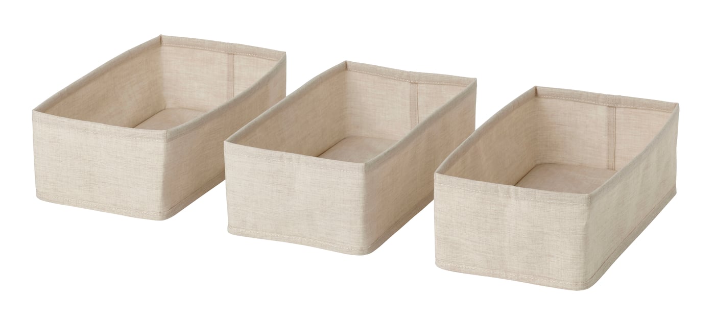 IKEA PURRPINGLA låda, set om 3, textil/beige, 20x38x12 cm