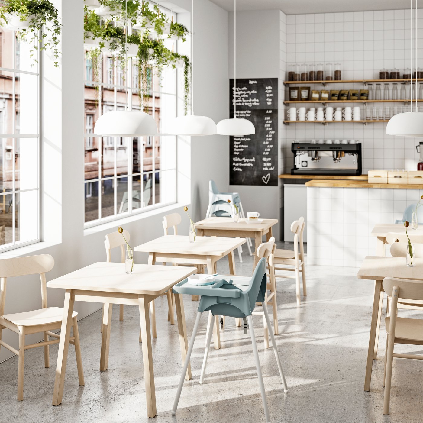 IKEA ANTILOP barnstol hög med bricka, gråblå/vit