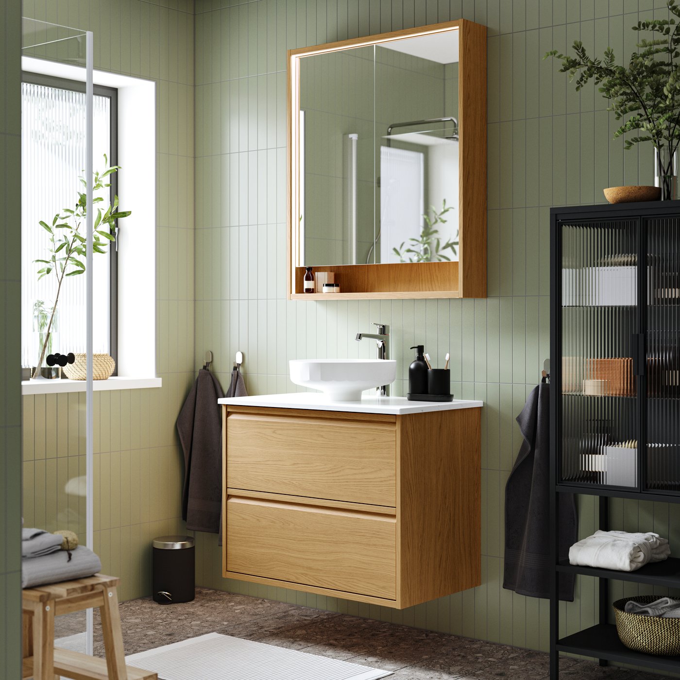 IKEA ÄNGSJÖN / LERSJÖN kommod m lådor/tvättställ/kran, ekmönstrad, ekmönstrad/vit marmormönstrad, 82x49x79 cm
