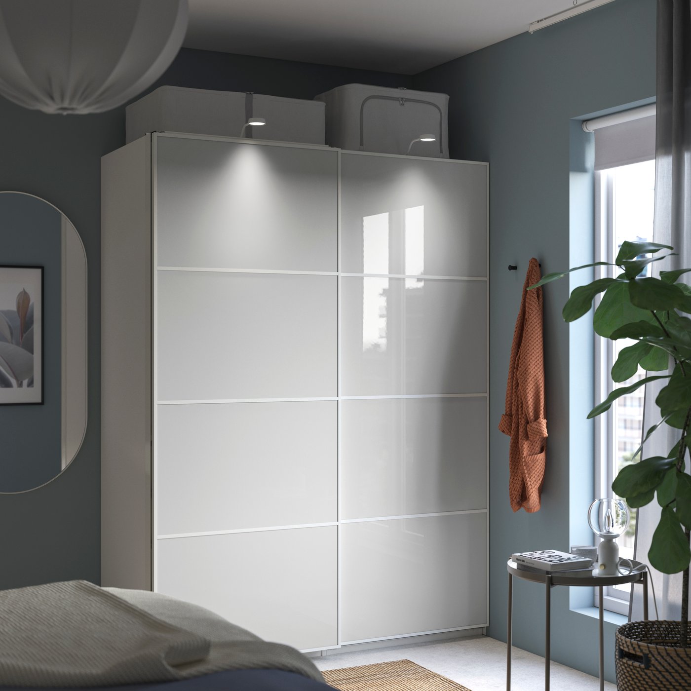 IKEA PAX / HOKKSUND garderob, vit/högglans ljusgrå, 150x66x201 cm