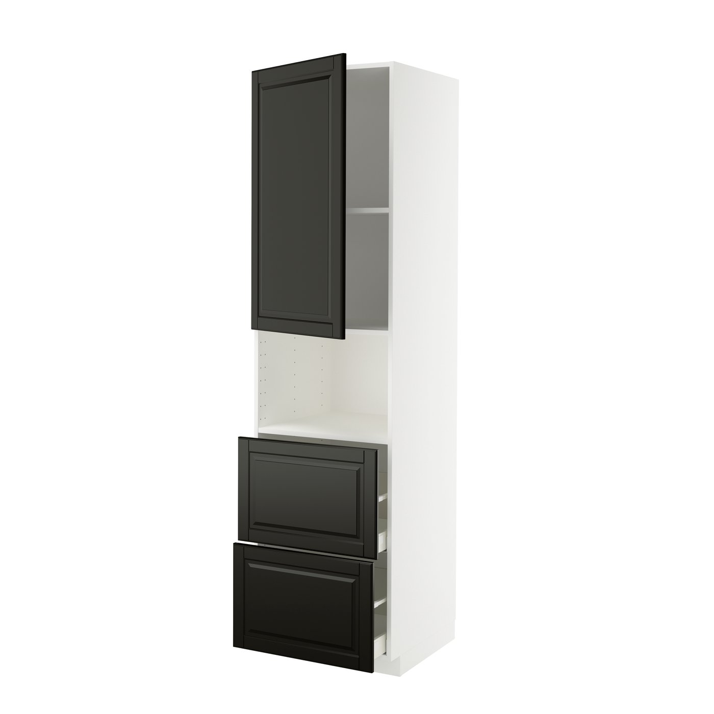 IKEA METOD / MAXIMERA högskåp f mikro m dörr/2 lådor, vit/bodbyn svart, 60x60x220 cm