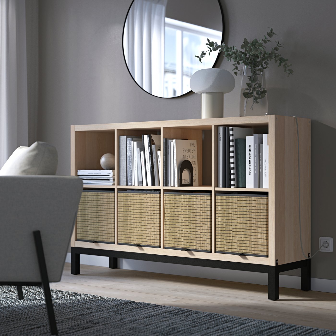 IKEA KALLAX hylla med underrede, vitlaserad ekeffekt/svart, 147x94 cm