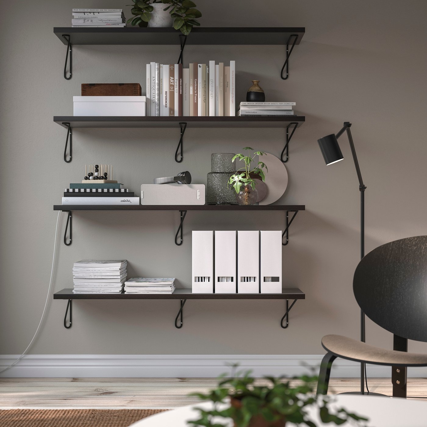 IKEA BERGSHULT / FÖRLÄGGARE vägghylla, brunsvart/svart, 120x30 cm