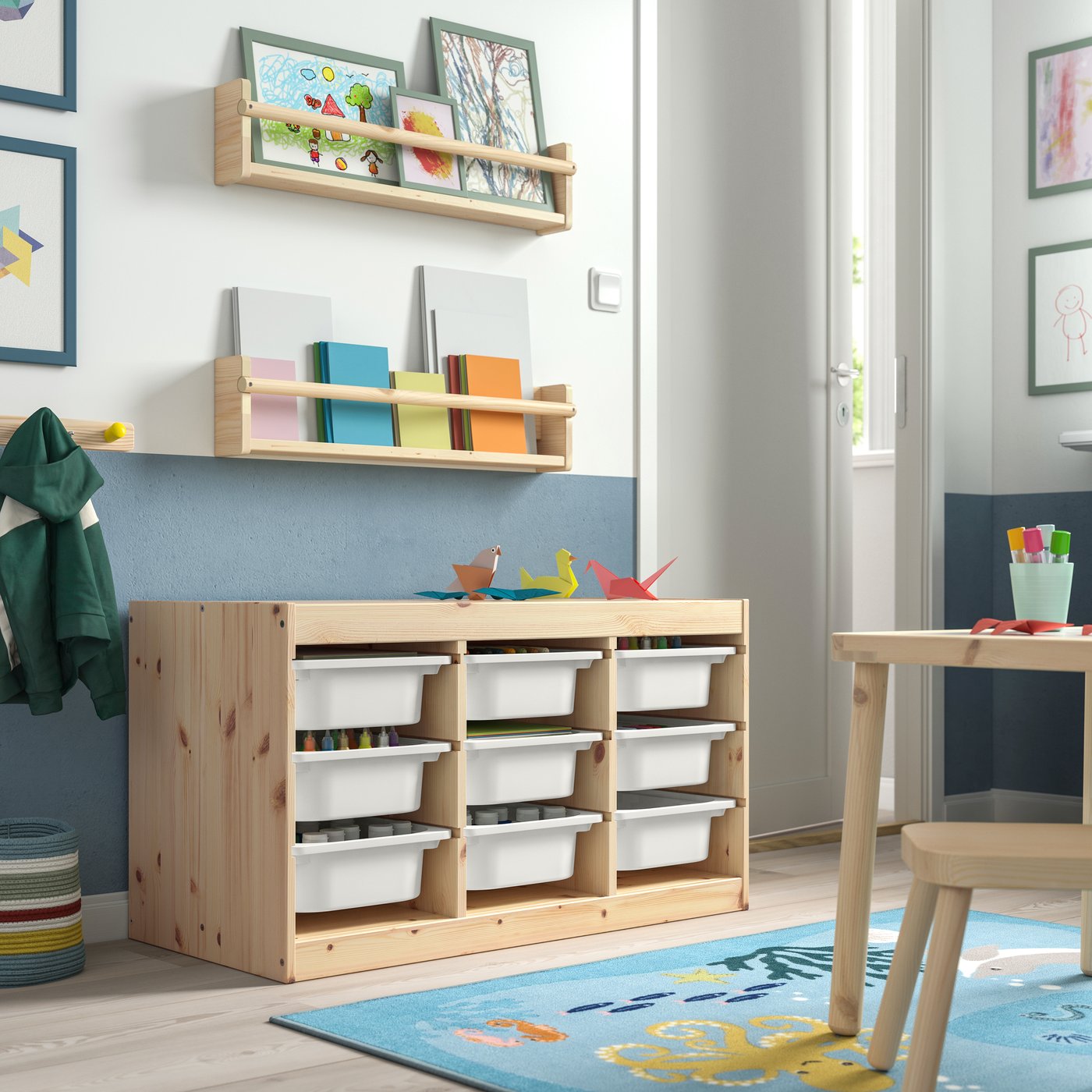 IKEA TROFAST förvaringskombination med backar, ljus vitbetsad furu/vit, 93x44x52 cm