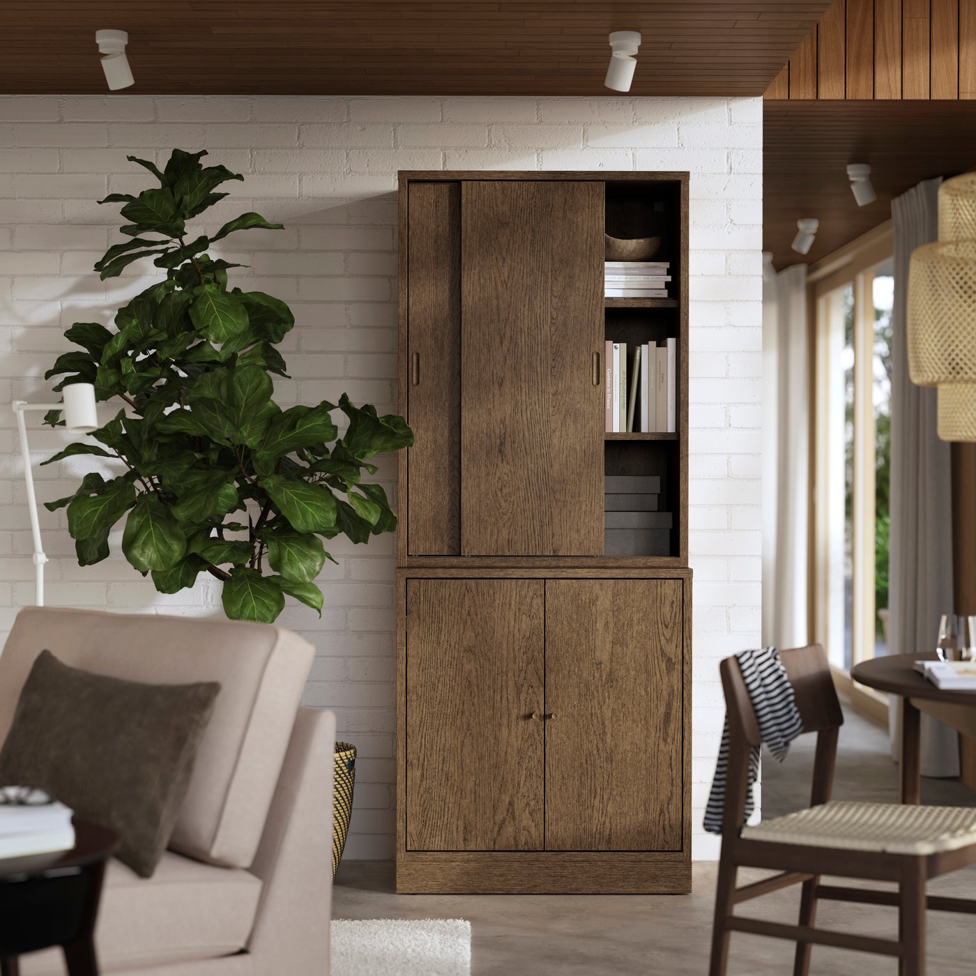 IKEA TONSTAD förvaring med skjutdörrar, brun betsad ekfaner, 82x47x201 cm