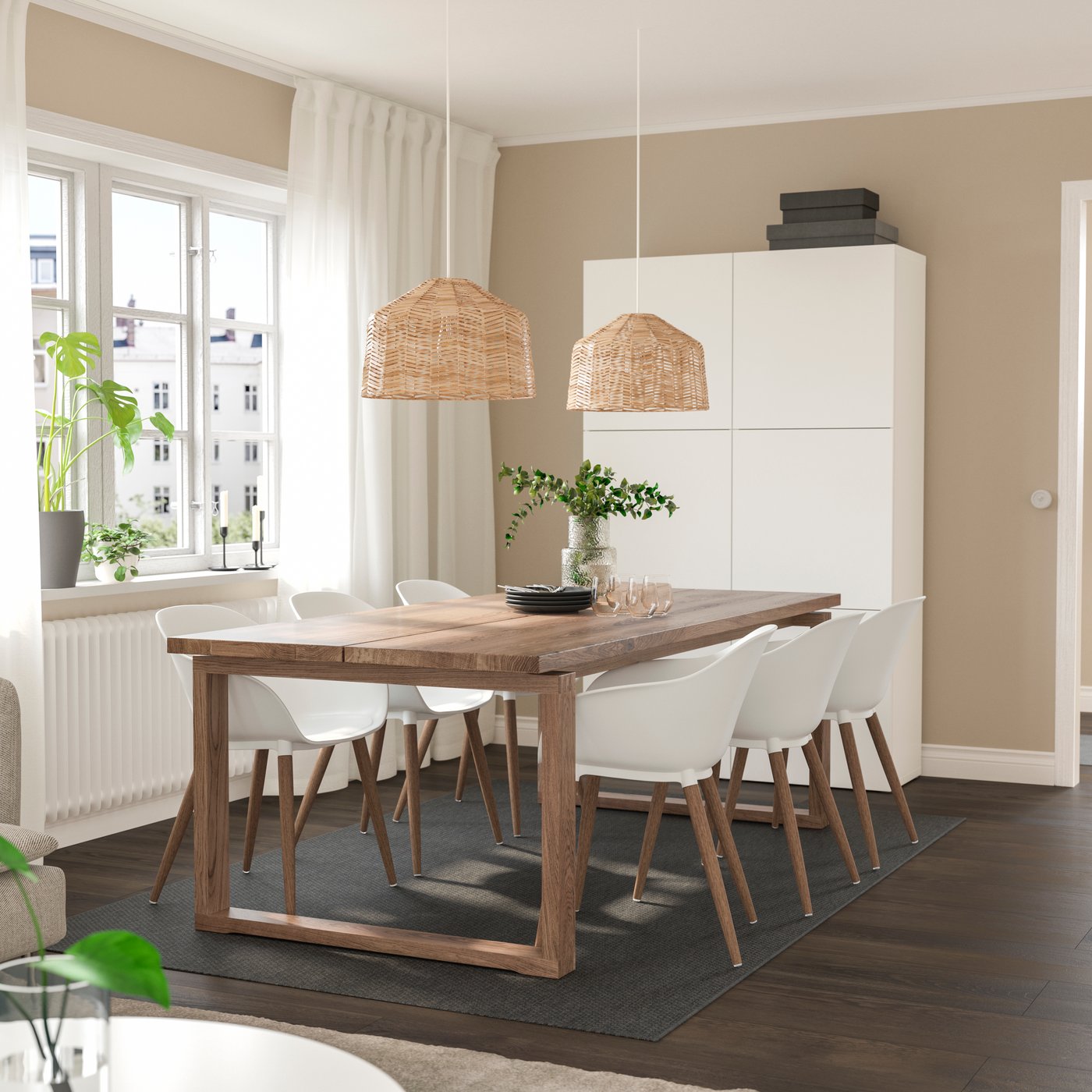IKEA MÖRBYLÅNGA / GRÖNSTA bord och 6 karmstolar, ekfaner brunlaserad/vit, 220x100 cm