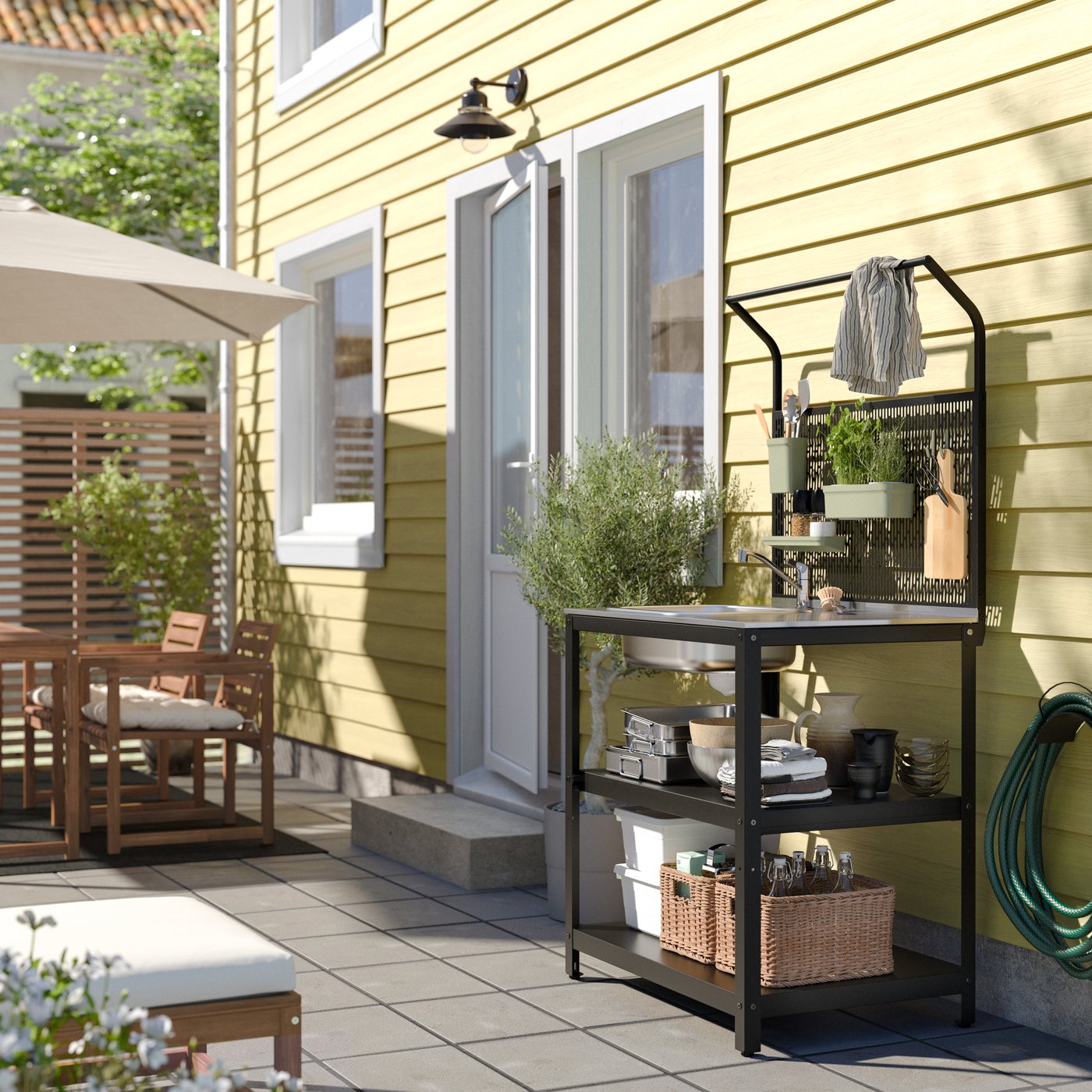 IKEA GRILLSKÄR diskbänk med bakstycke, rostfritt stål/utomhus, 86x61x176 cm