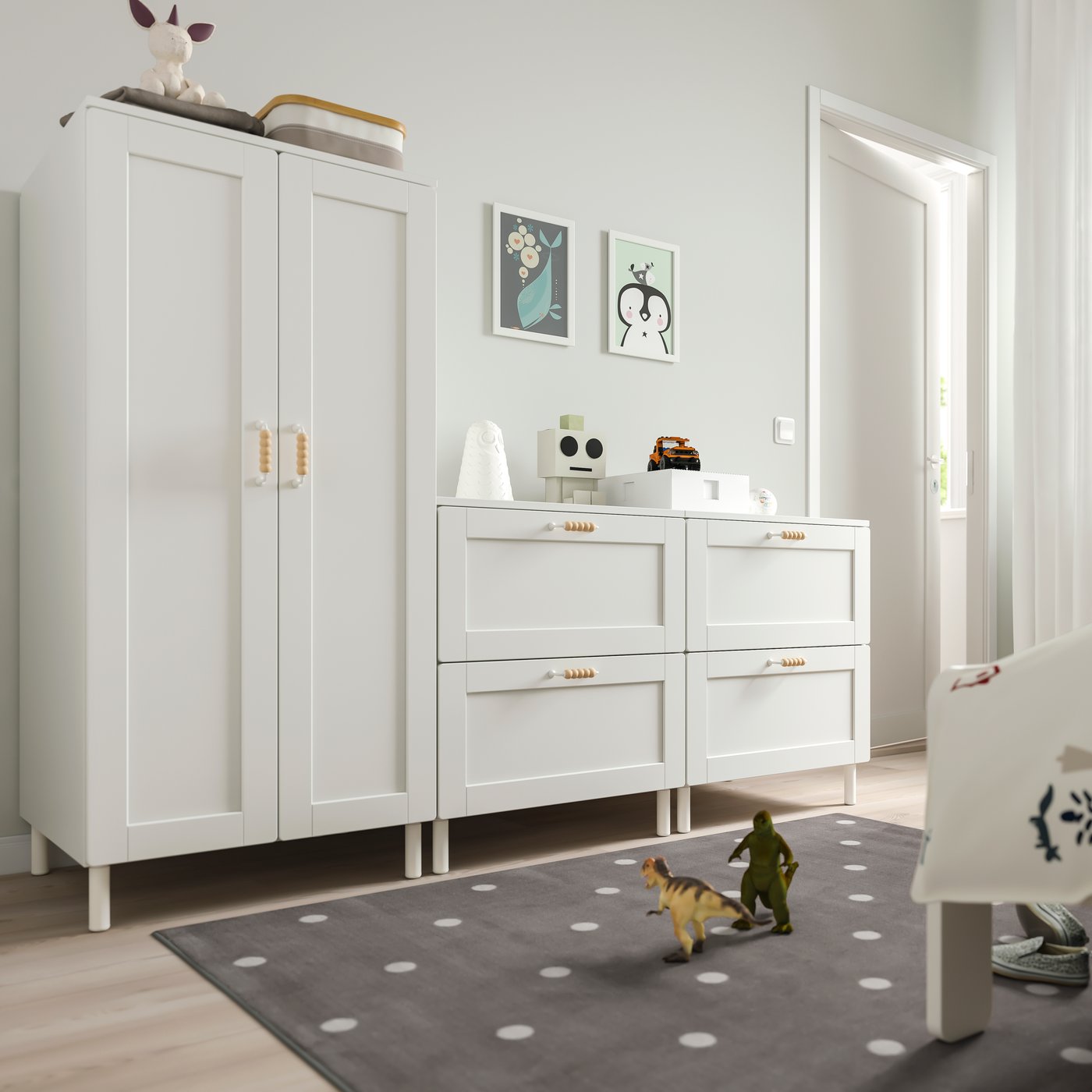 IKEA SMÅSTAD / PLATSA garderob, vit med ram/med 2 byråer, 180x57x133 cm