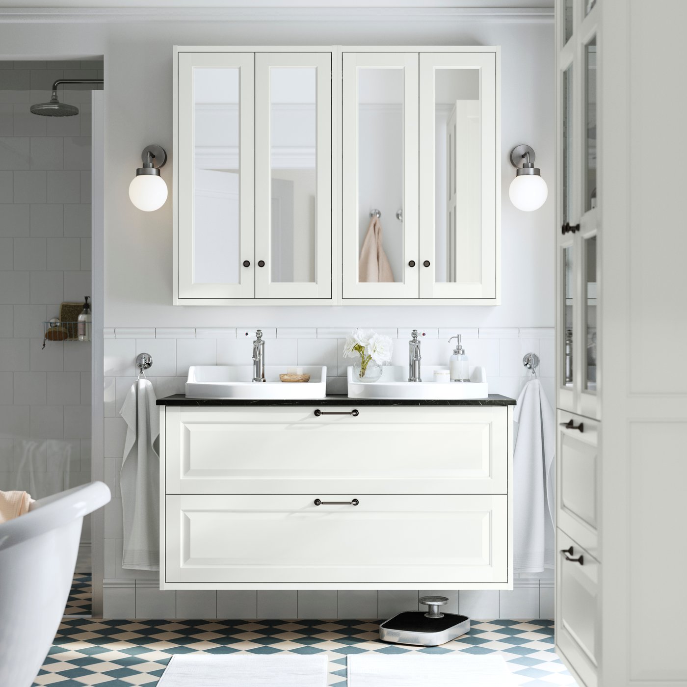 IKEA TÄNNFORSEN / RUTSJÖN kommod m lådor/tvättställ/kranar, vit, vit/svart marmormönstrad, 122x49x76 cm