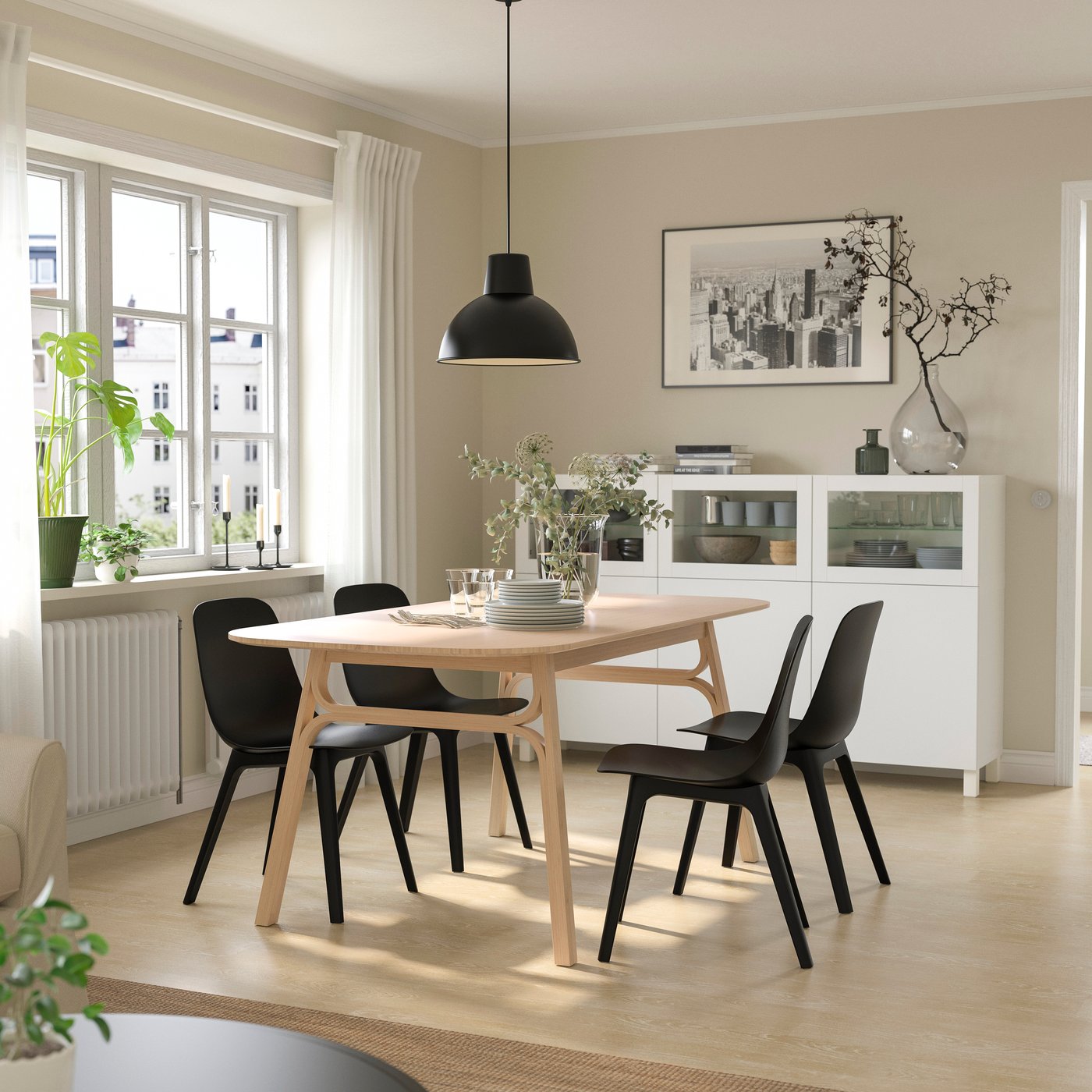 IKEA VOXLÖV / ODGER bord och 4 stolar, bambu/antracit, 180x90 cm