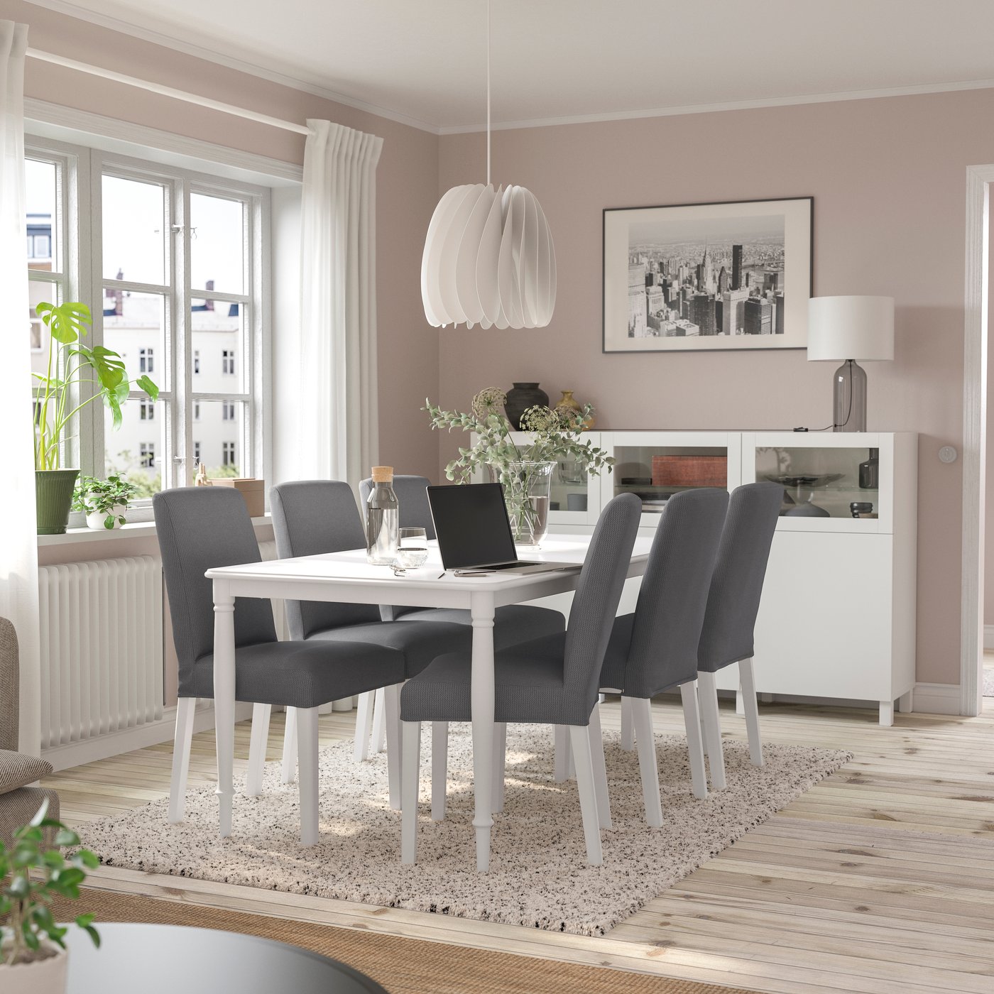 IKEA DANDERYD / BERGMUND bord och 6 stolar, vit/gunnared mellangrå, 180 cm