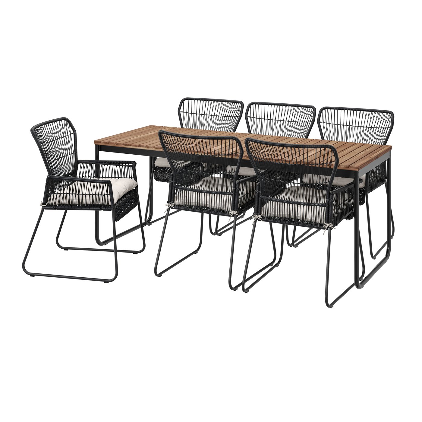 IKEA VÄSMAN / TALLSKÄR bord+6 karmstolar, utomhus, utdragbar ljusbrunlaserad/antracit kuddarna ljust gråbeige, 135x190/74 cm