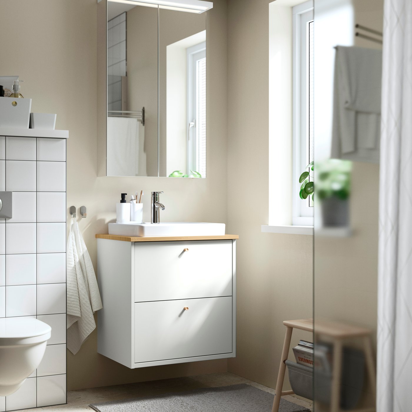IKEA HAVBÄCK / ORRSJÖN kommod m lådor/tvättställ/kran, vit, vit/bambu, 62x49x71 cm