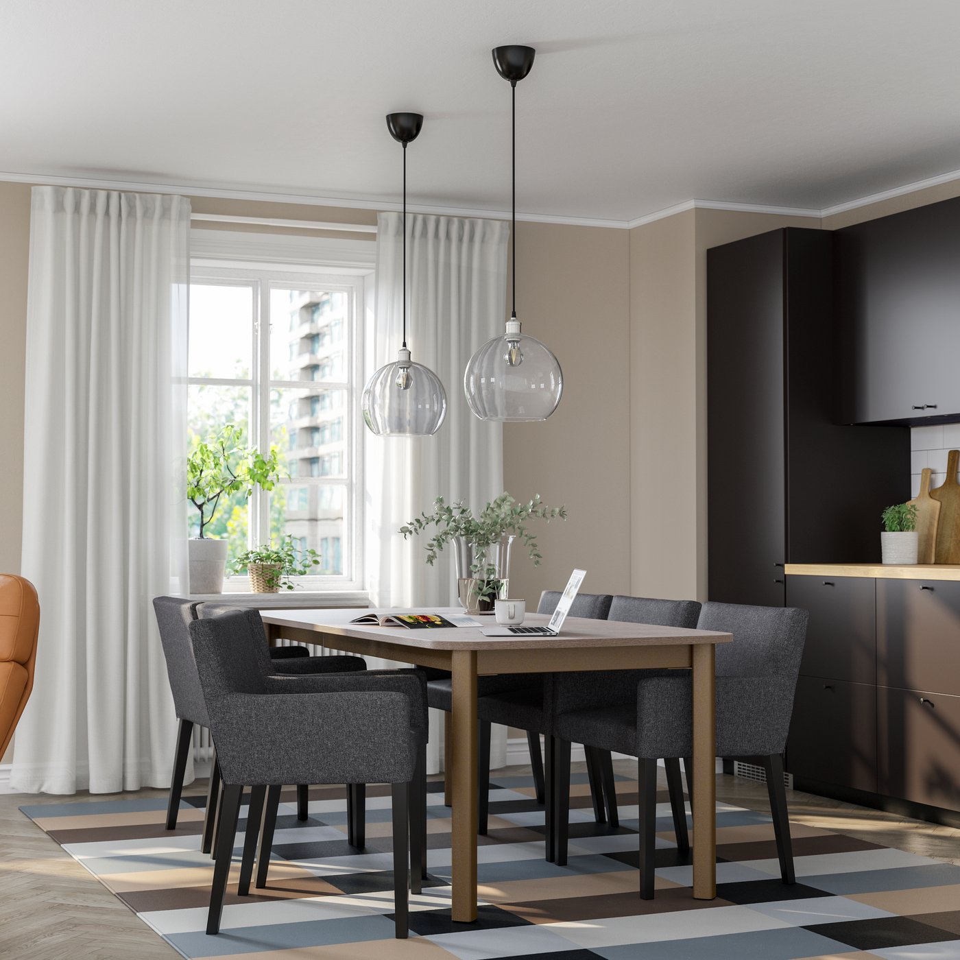 IKEA STRANDTORP / MÅRENÄS bord och 6 karmstolar, brun/svart gunnared mörkgrå, 150/205/260 cm