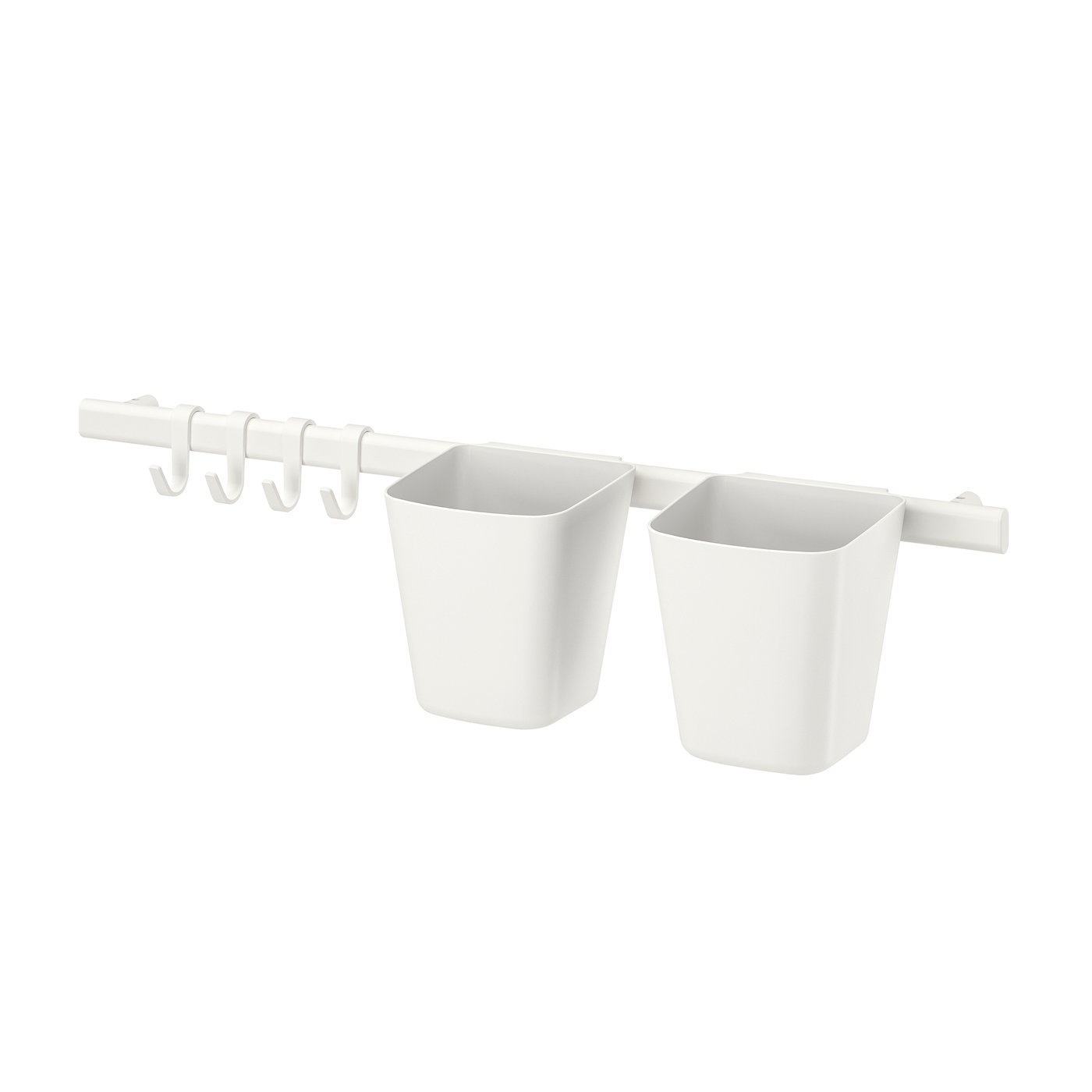 IKEA SUNNERSTA stång med 4 krokar och 2 behållare, vit