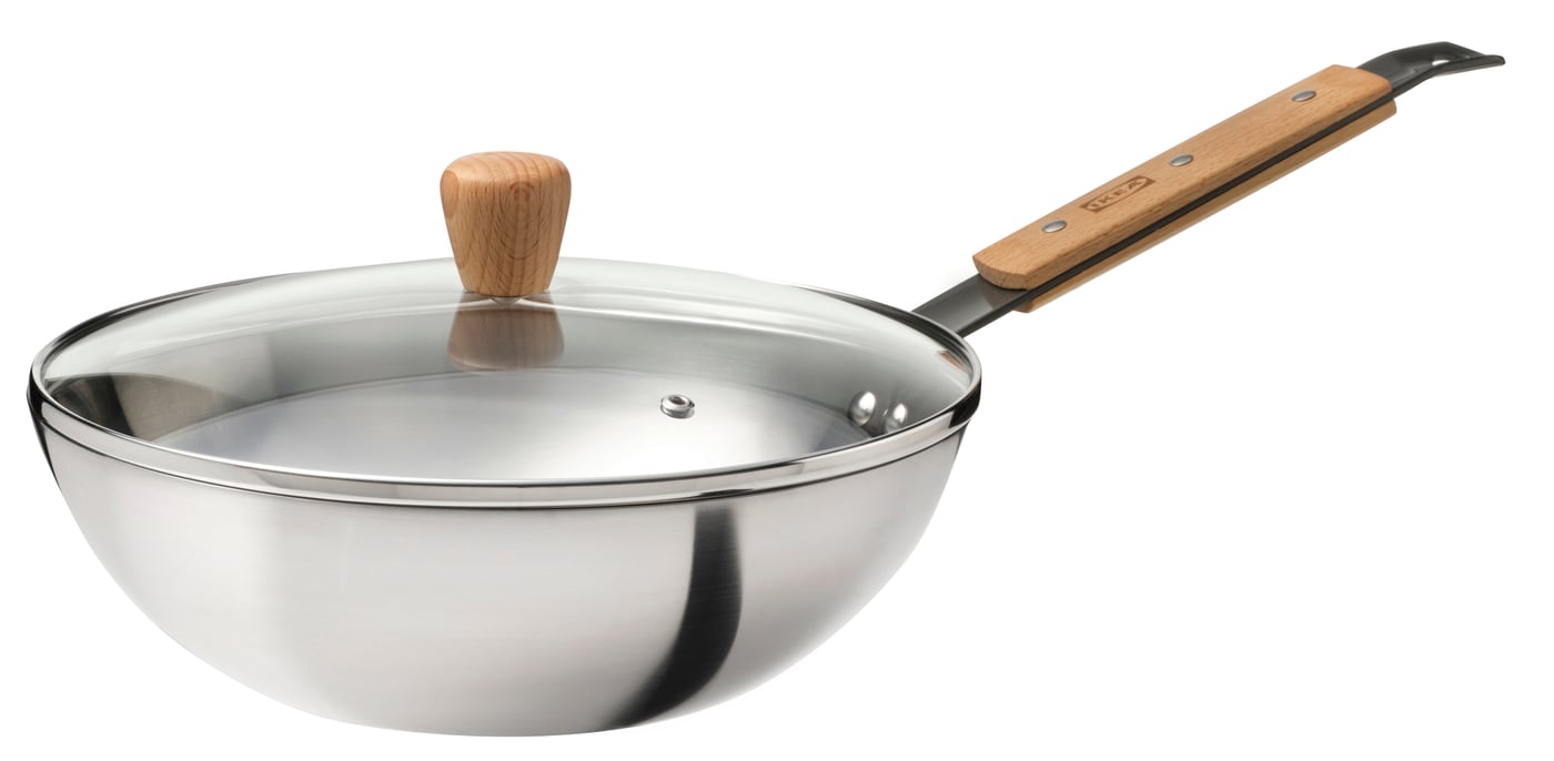 IKEA VARDAGEN wok med lock, glas/kolstål bok, 28 cm