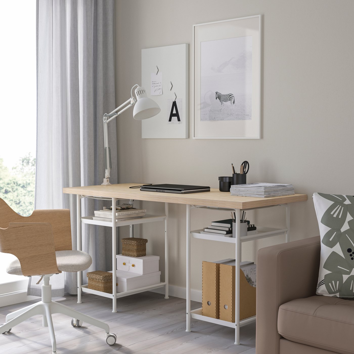IKEA MITTCIRKEL / SPÄND skrivbord, livligt furumönster/vit, 140x60 cm