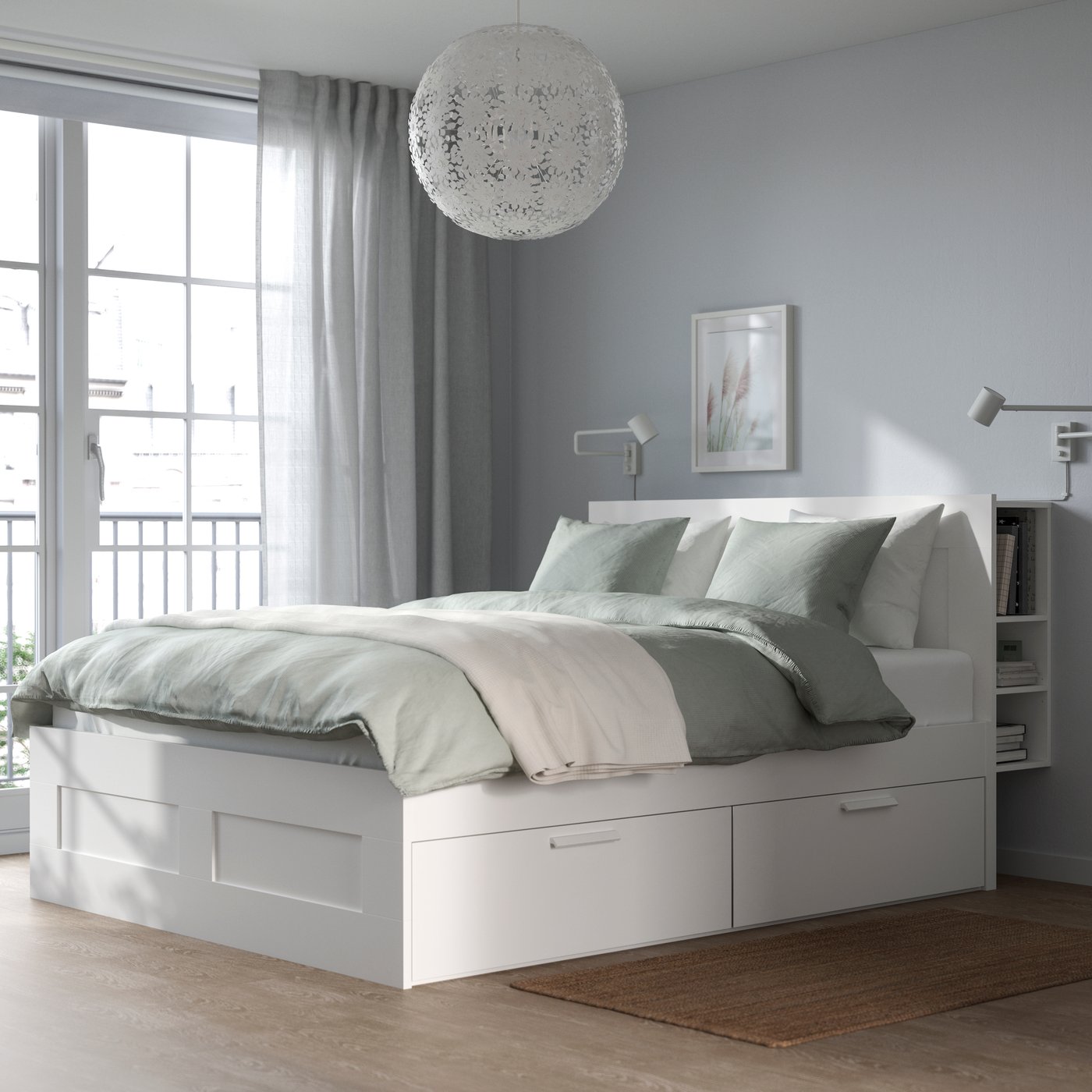 IKEA BRIMNES sängstomme med förvaring och gavel, vit, 180x200 cm, sängstomme