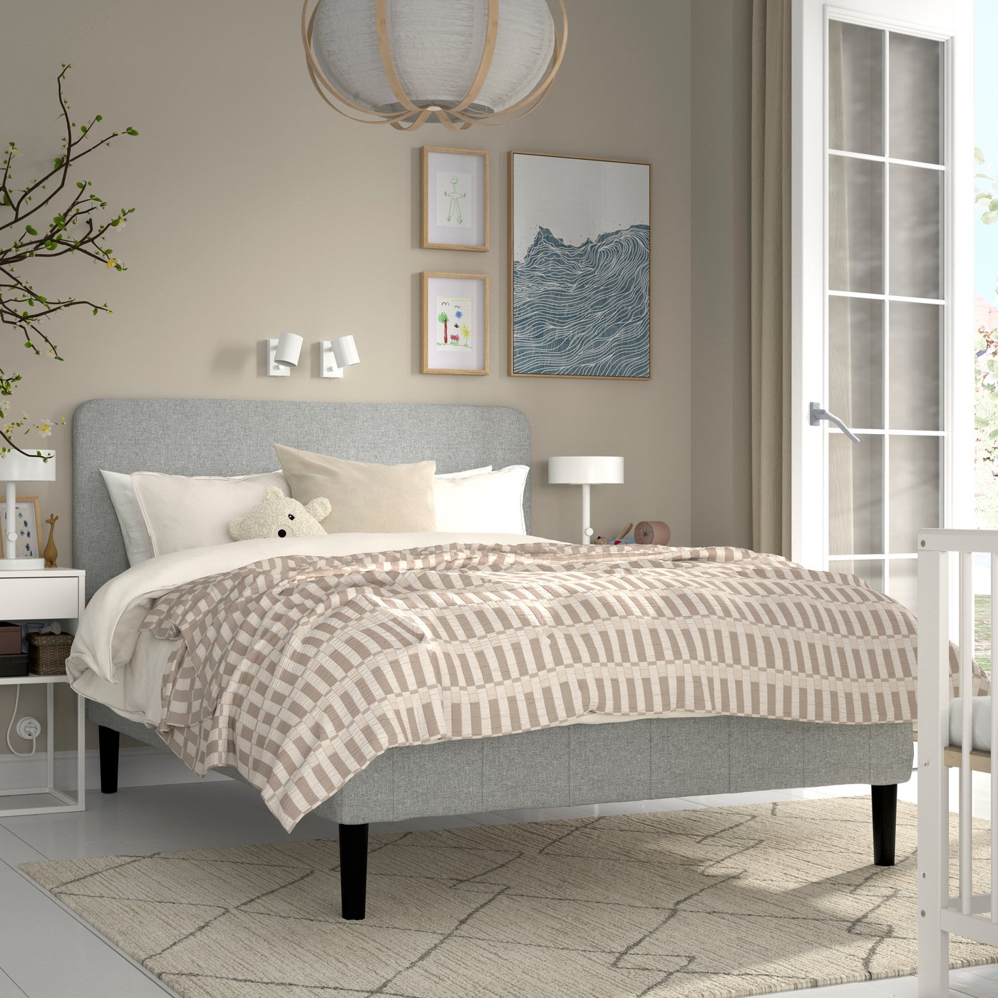 IKEA RENFJÄLLET resårbotten med pocketresårkärna, inkl ben och sänggavel medium fast/tibbleby beige/grå, 140x200 cm