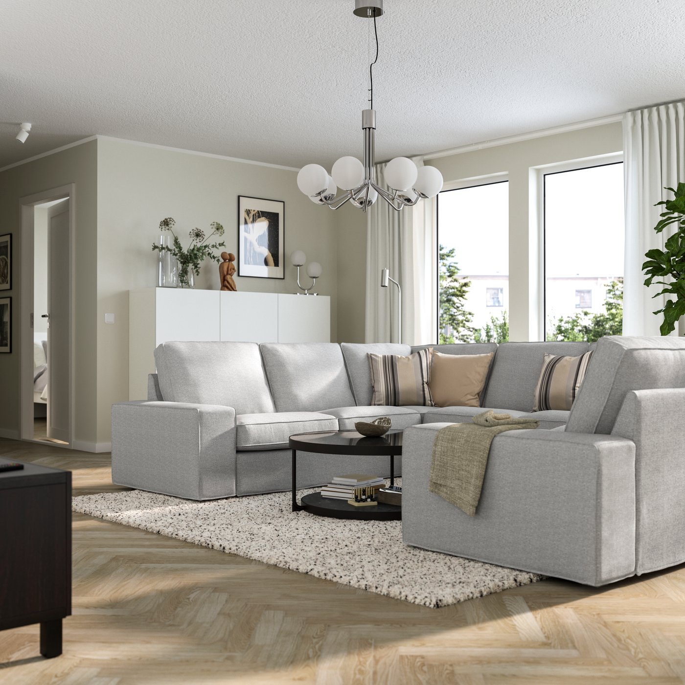 IKEA KIVIK u-formad soffa, 6-sits, tallmyra vit/svart