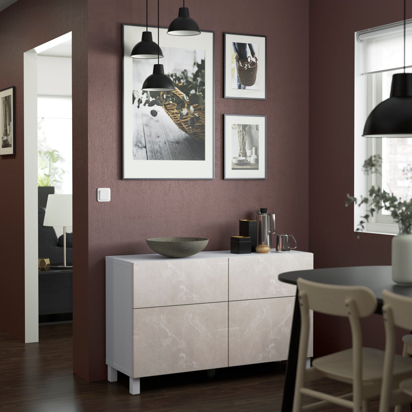 IKEA BESTÅ förvaringskombination+dörrar/lådor, vit bergsviken/stubbarp/beige marmormönstrad, 120x42x74 cm