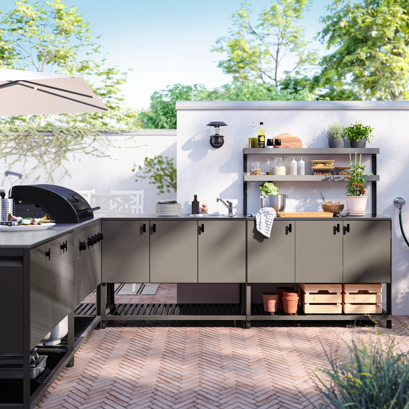 IKEA BÅTSKÄR utekök med gasgrill+diskbänksenhet, mörkgrå, 300x300 cm