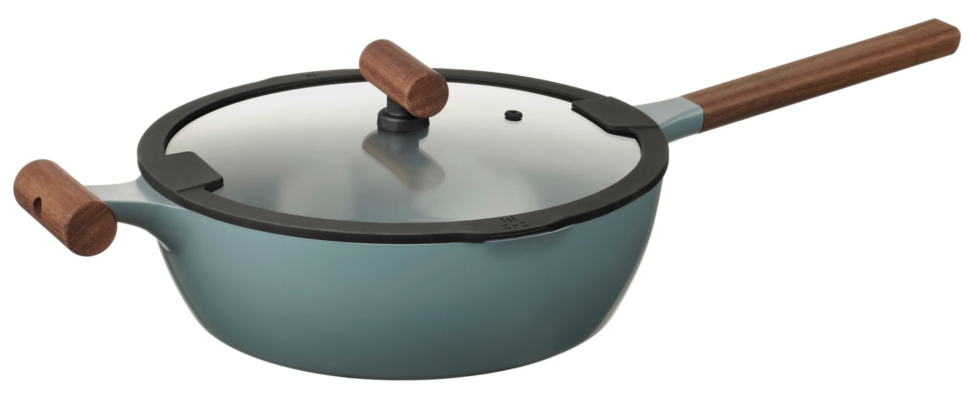 IKEA KLIPPFISK traktörpanna med lock, non-stick beläggning glas/trä gråturkos, 28 cm