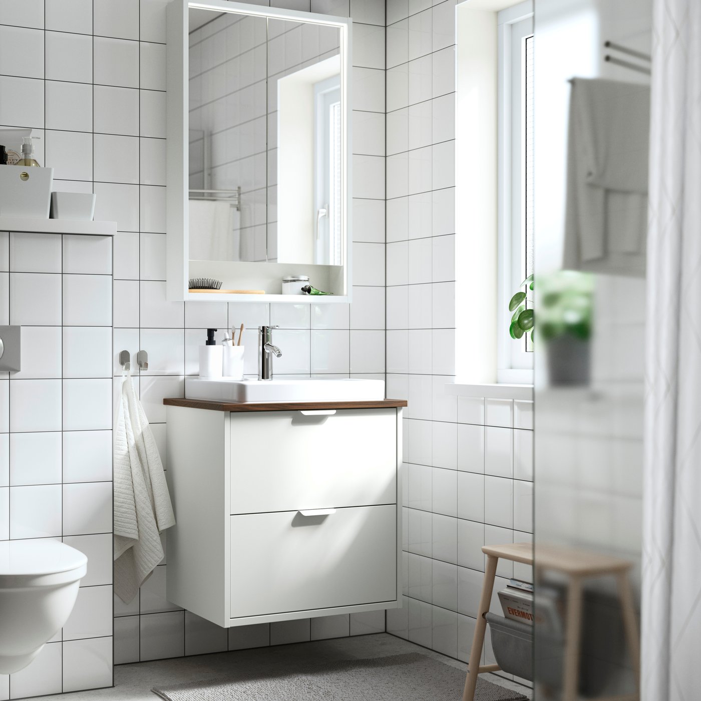 IKEA HAVBÄCK / ORRSJÖN kommod m lådor/tvättställ/kran, vit, vit/brun valnötsmönstrad, 62x49x71 cm