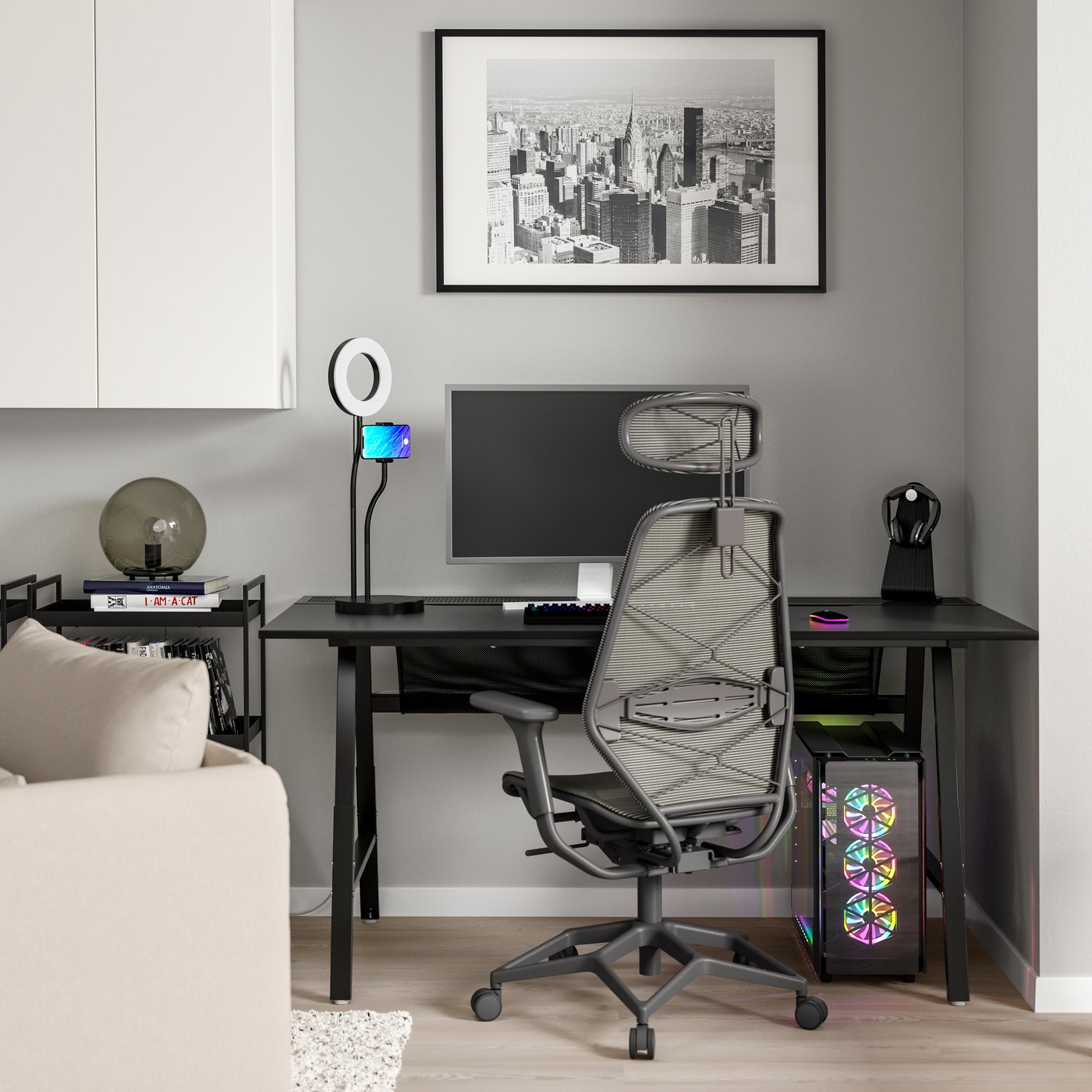 IKEA UTESPELARE / STYRSPEL skrivbord och gamingstol, svart/grå, skrivbord och stol för gaming