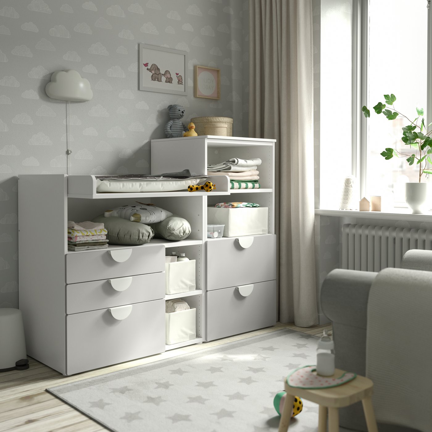 IKEA SMÅSTAD / PLATSA skötbord, vit grå/med bokhylla, 150x79x123 cm