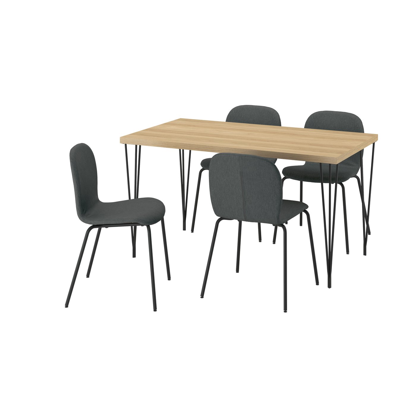 IKEA SKÅLSTA bord och 4 stolar, ekmönstrad hårnål svartgrå/knäbäck mörkgrå rörformad metall/svartgrå, 140x80 cm