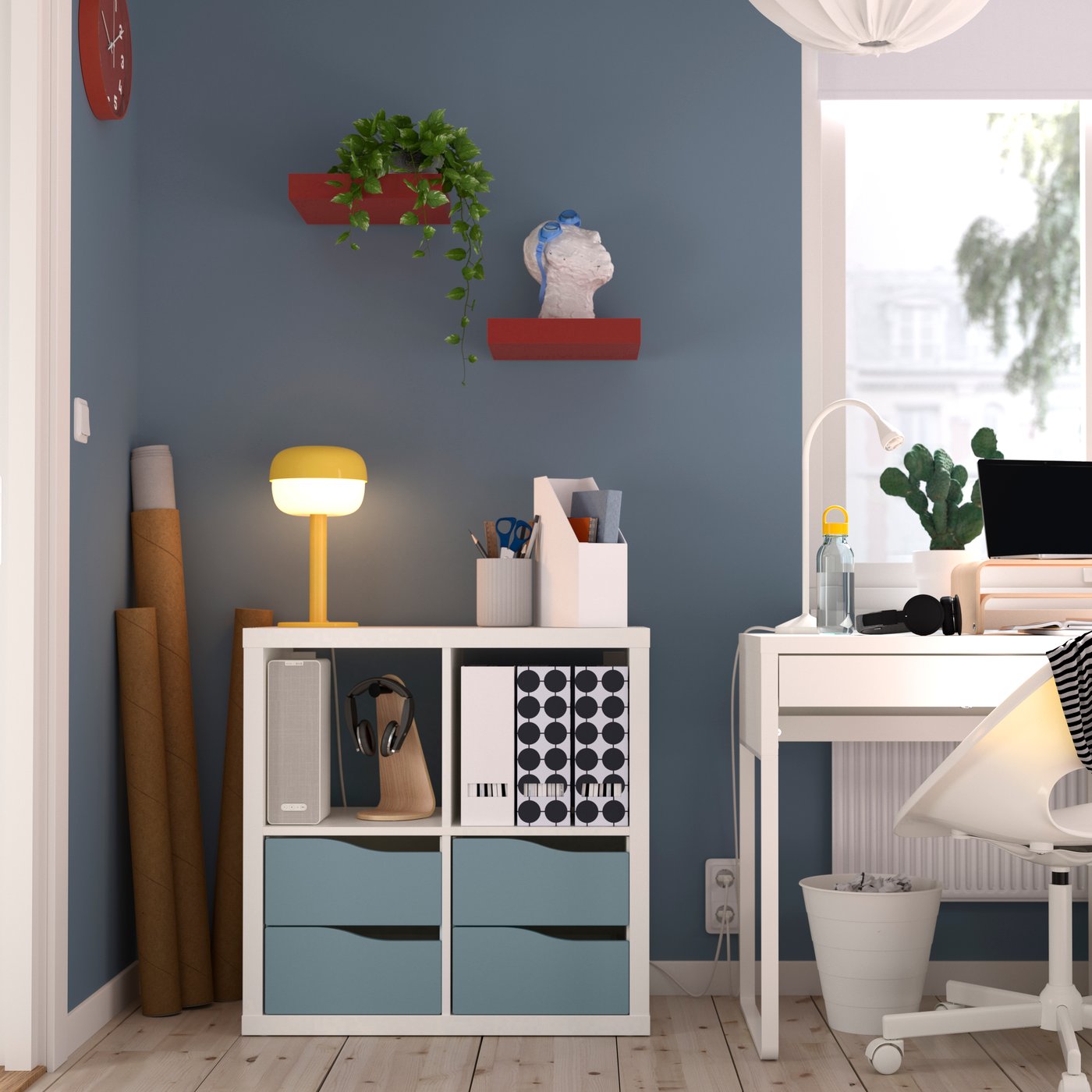 IKEA KALLAX hylla, med 4 lådor vit/ljus gråblå vågformad, 77x77 cm