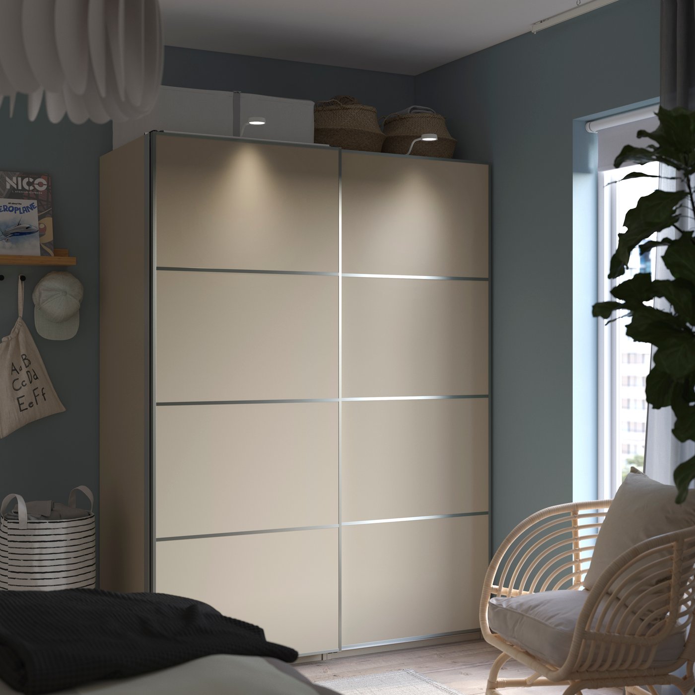 IKEA PAX / MEHAMN garderob med skjutdörrar, gråbeige/dubbelsidig gråbeige, 150x66x201 cm