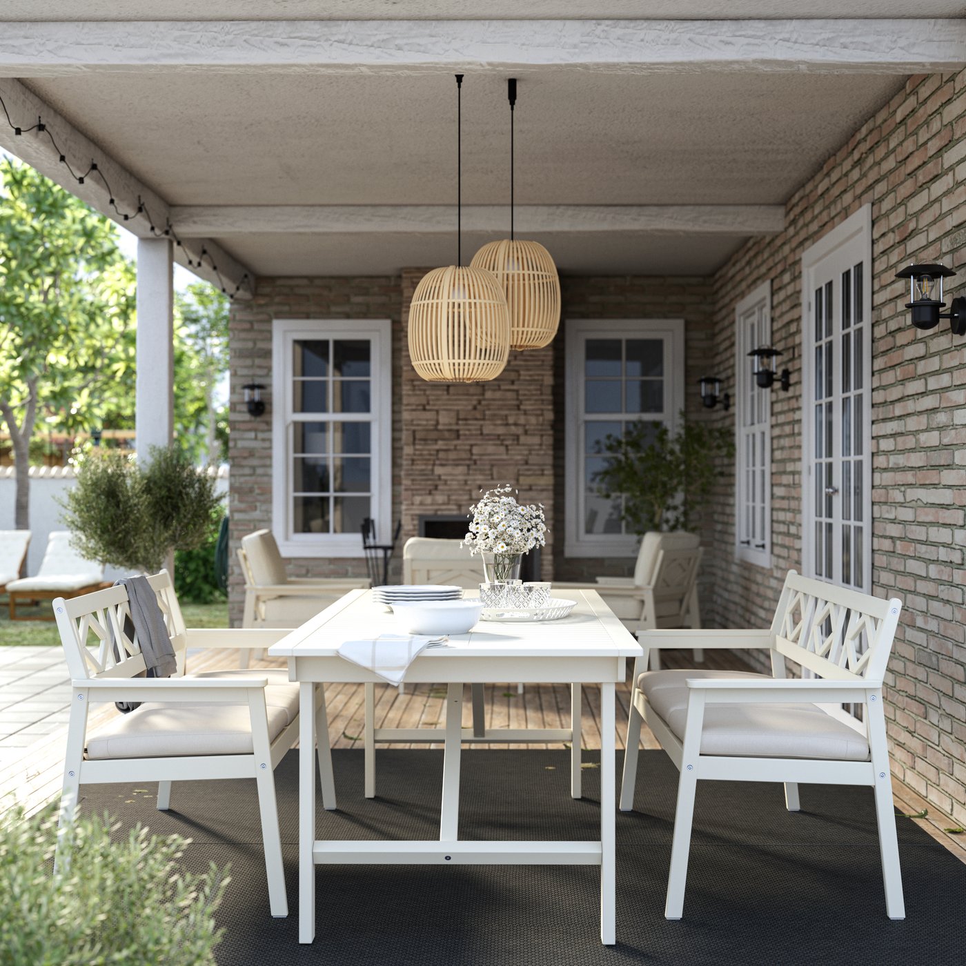 IKEA BONDHOLMEN bänk med ryggstöd, utomhus, vit/beige/frösön/duvholmen beige