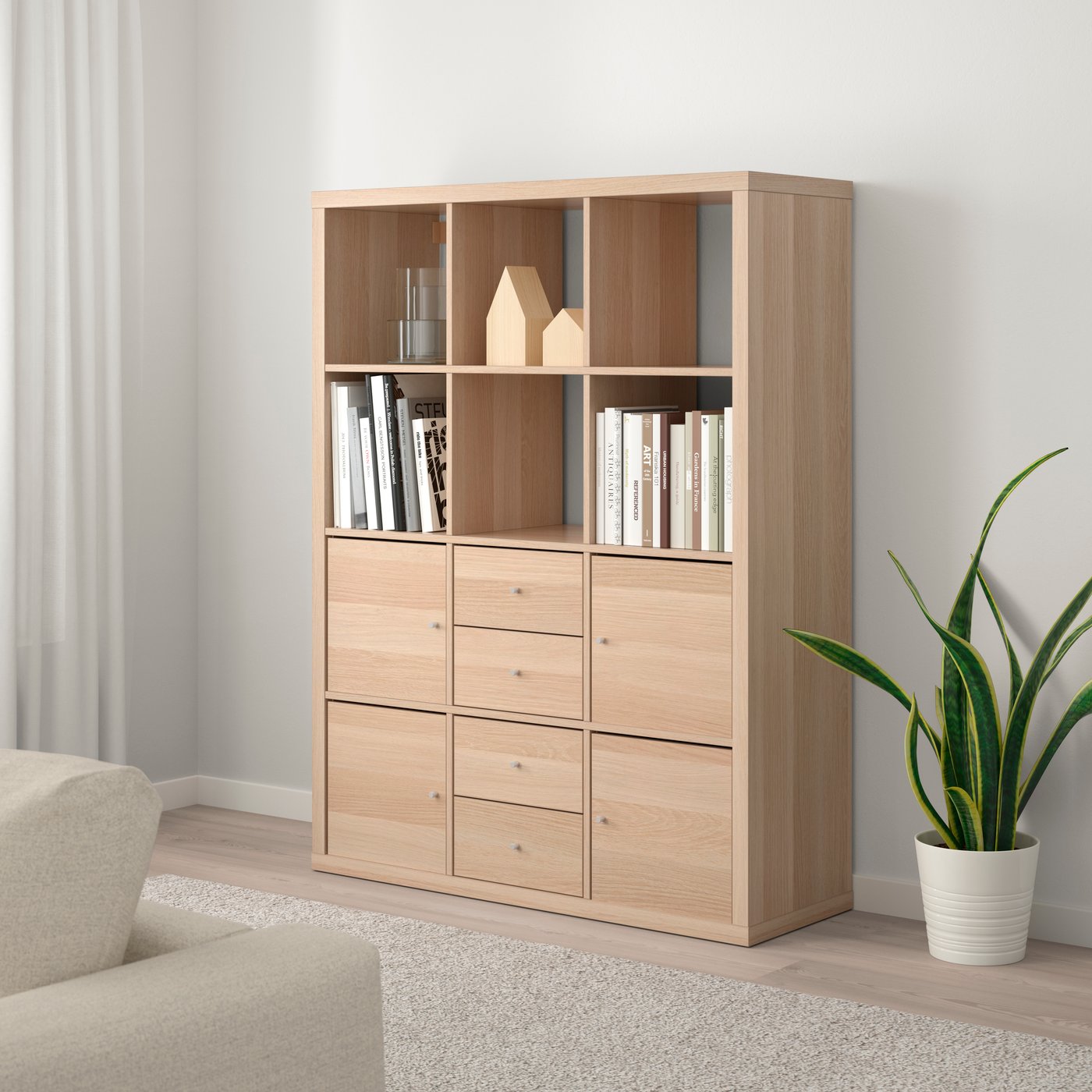 IKEA KALLAX hylla med 6 insatser, vitlaserad ekeffekt, 112x147 cm