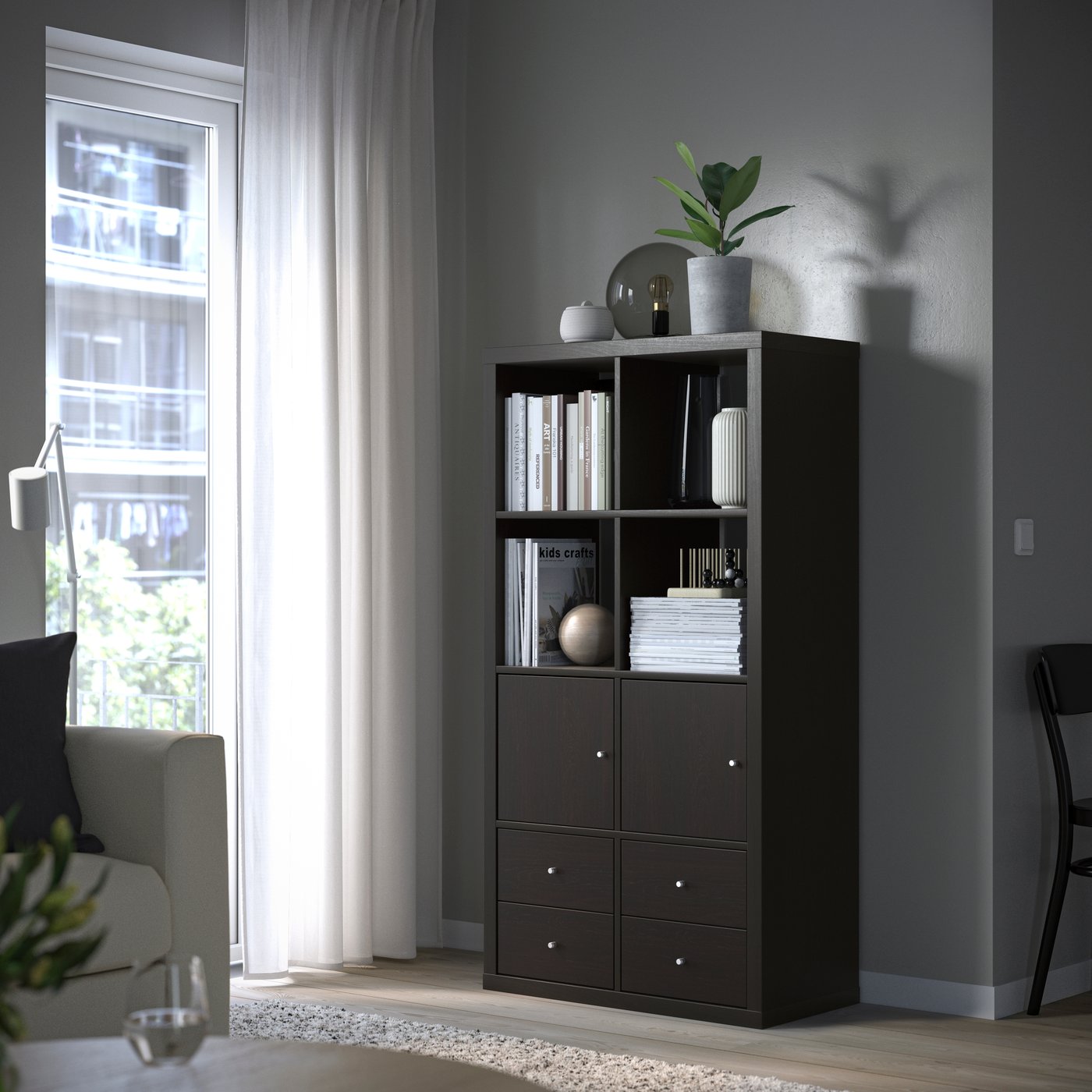 IKEA KALLAX hylla med 4 insatser, svartbrun, 147x77 cm
