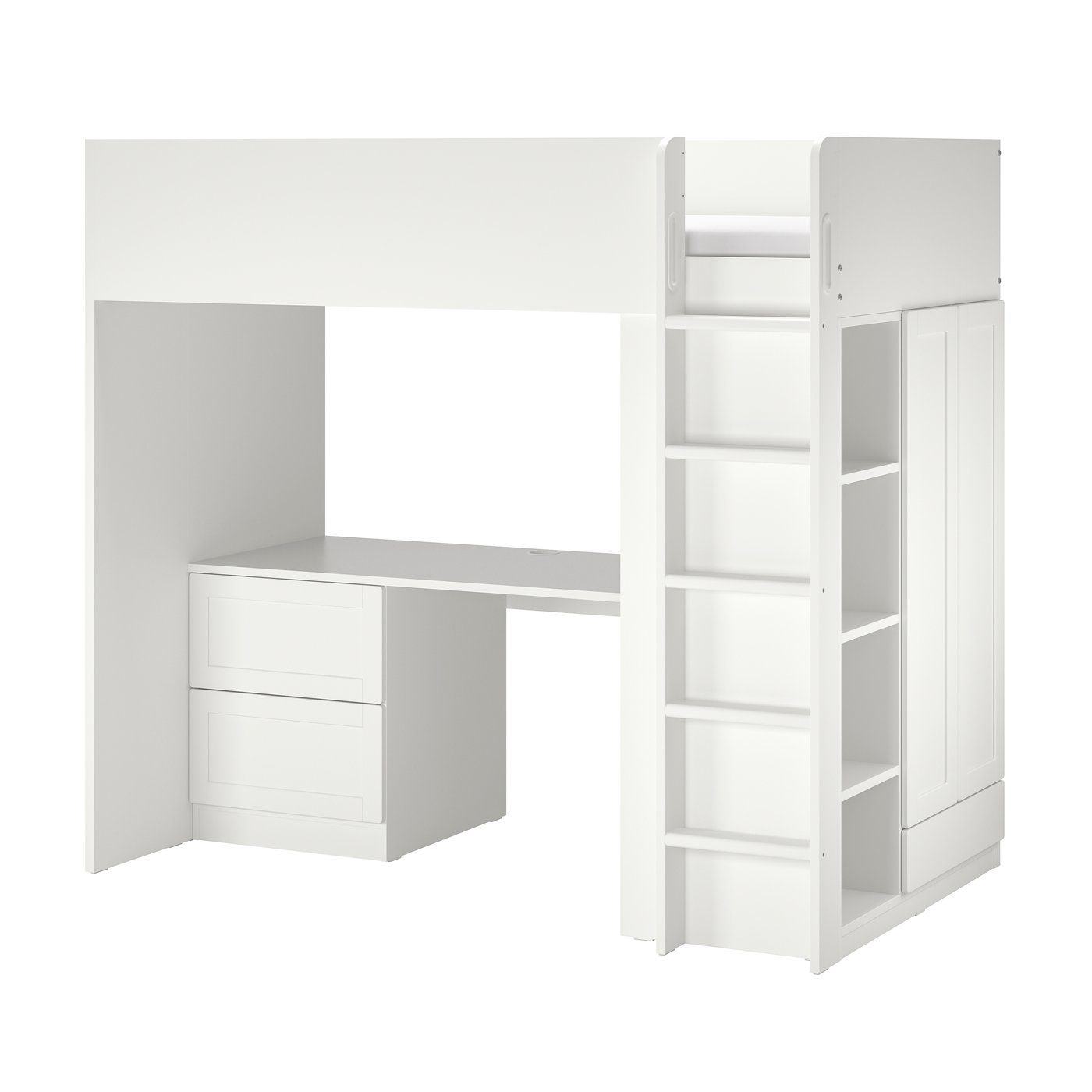 IKEA SMÅSTAD loftsäng, vit med ram/med skrivbord 3 lådor, 90x200 cm