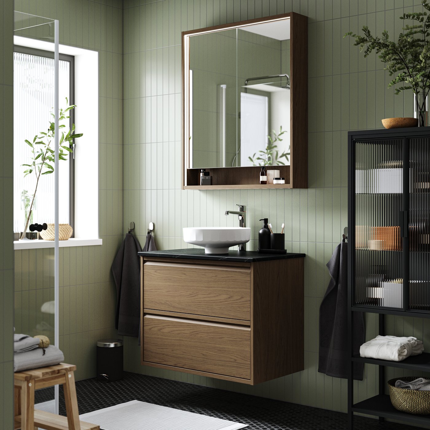 IKEA ÄNGSJÖN / LERSJÖN kommod m lådor/tvättställ/kran, brun ekmönstrad, ekmönstrad/svart marmormönstrad, 82x49x79 cm