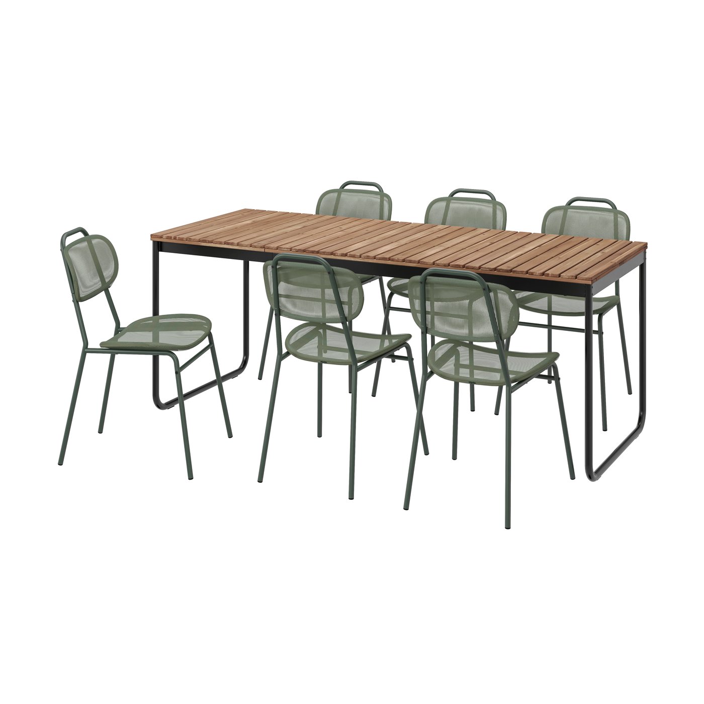 IKEA VÄSMAN / ENSHOLM bord+6 stolar, utomhus, utdragbar ljusbrunlaserad/grön, 135/190x74 cm