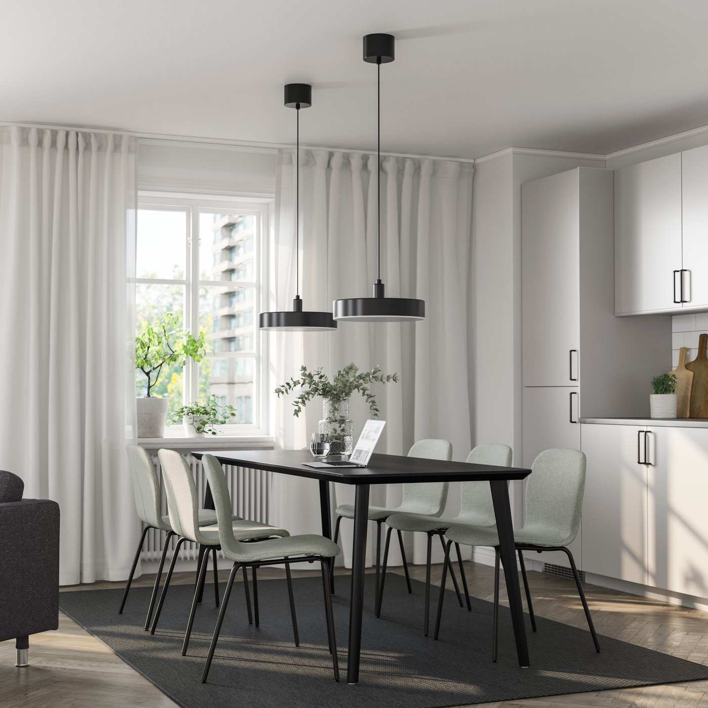 IKEA LISABO / KARLPETTER bord och 6 stolar, svart/gunnared ljusgrön svart, 200x78 cm