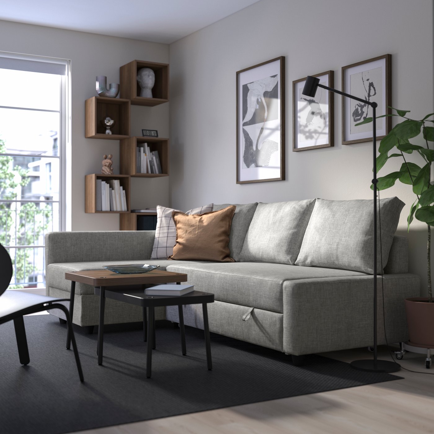 IKEA FRIHETEN hörnbäddsoffa med förvaring, faringe ljusgrå