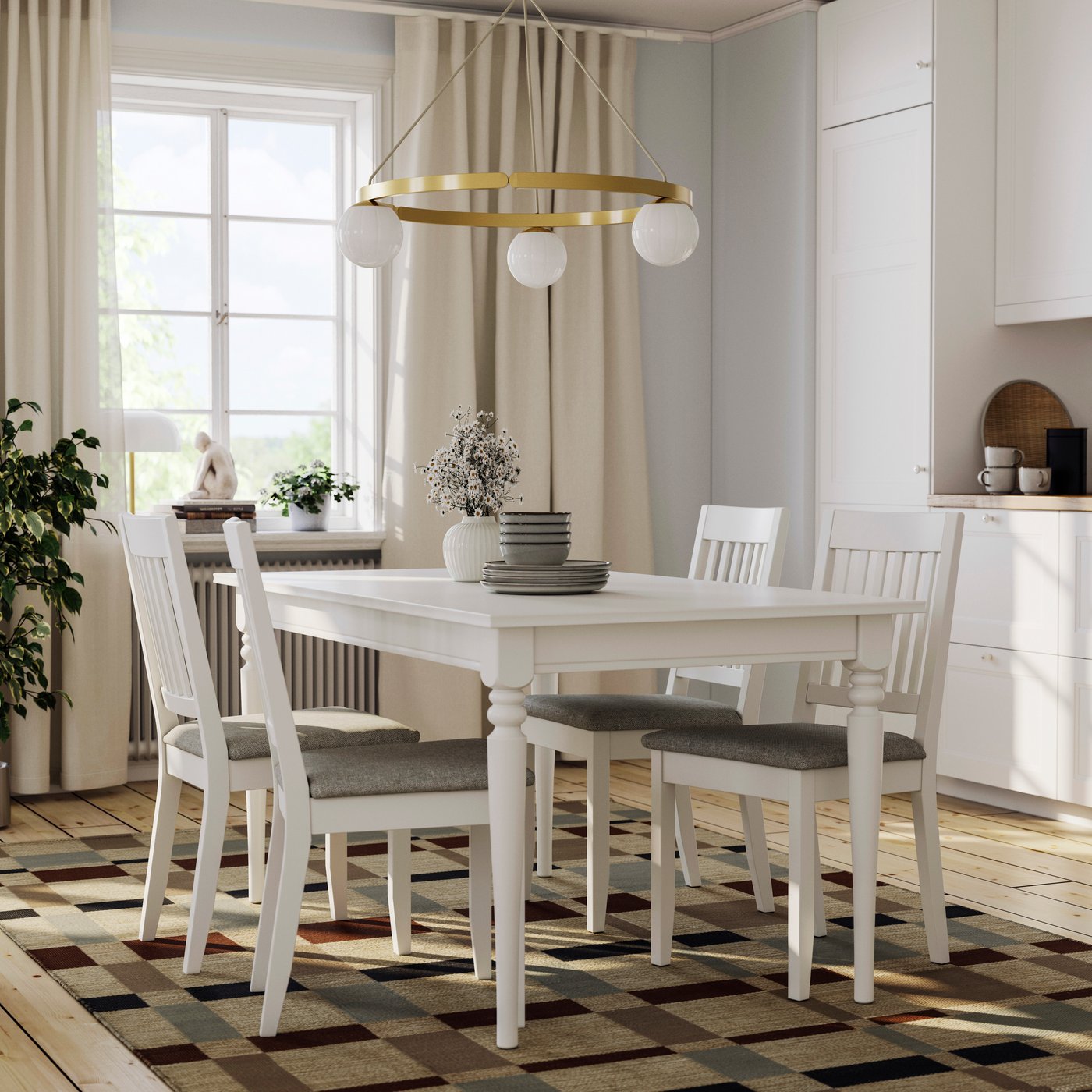 IKEA ROSENTORP / NÄSINGE bord och 4 stolar, vit/tibbleby beigegrå vit, 155/215x87 cm