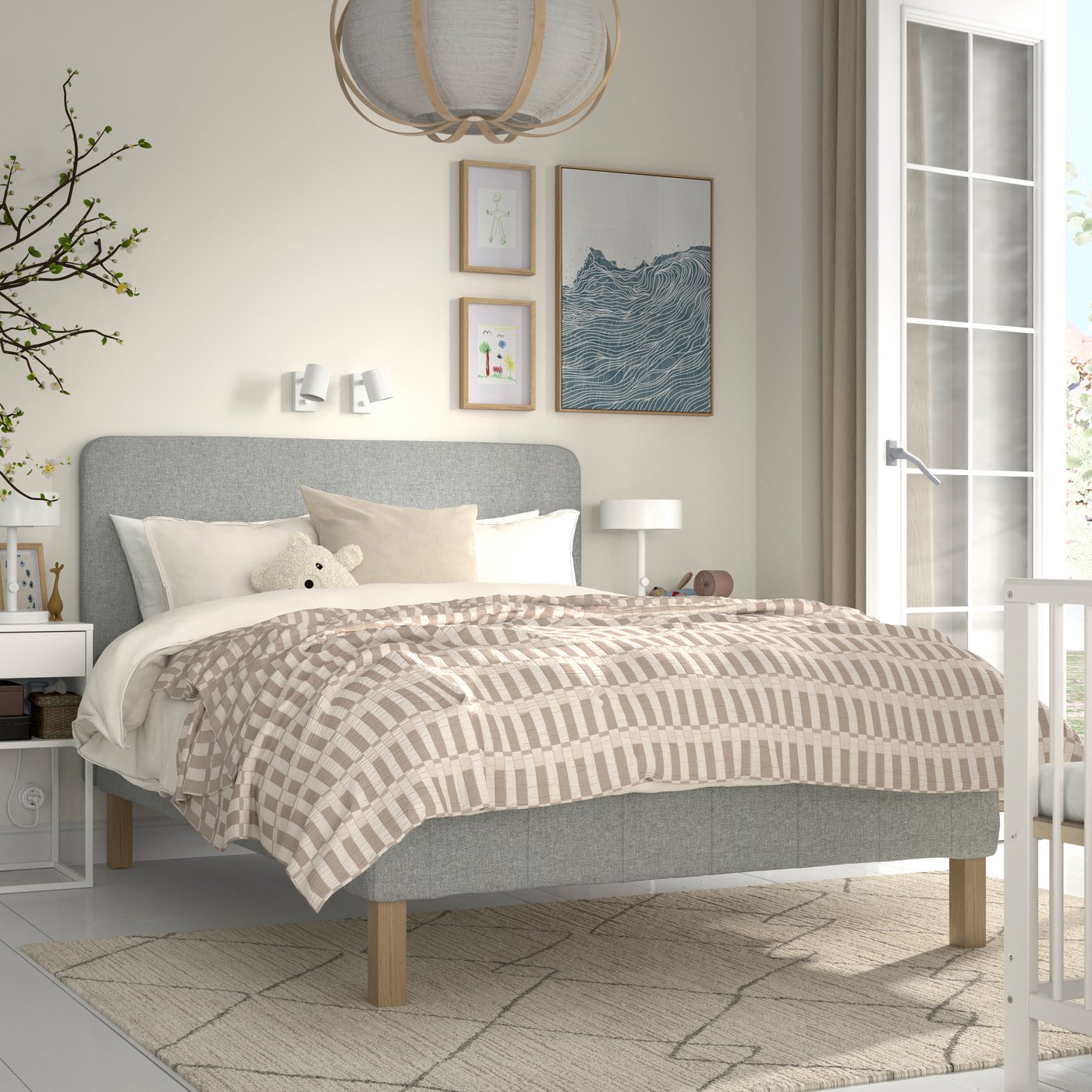 IKEA RENFJÄLLET resårbotten med pocketresårkärna, inkl ben och sänggavel medium fast/tibbleby beige/grå, 120x200 cm