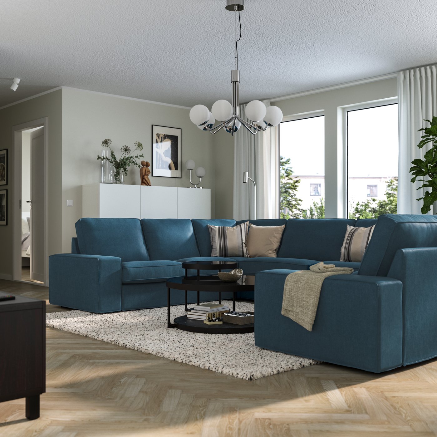 IKEA KIVIK u-formad soffa, 7-sits, tallmyra blå