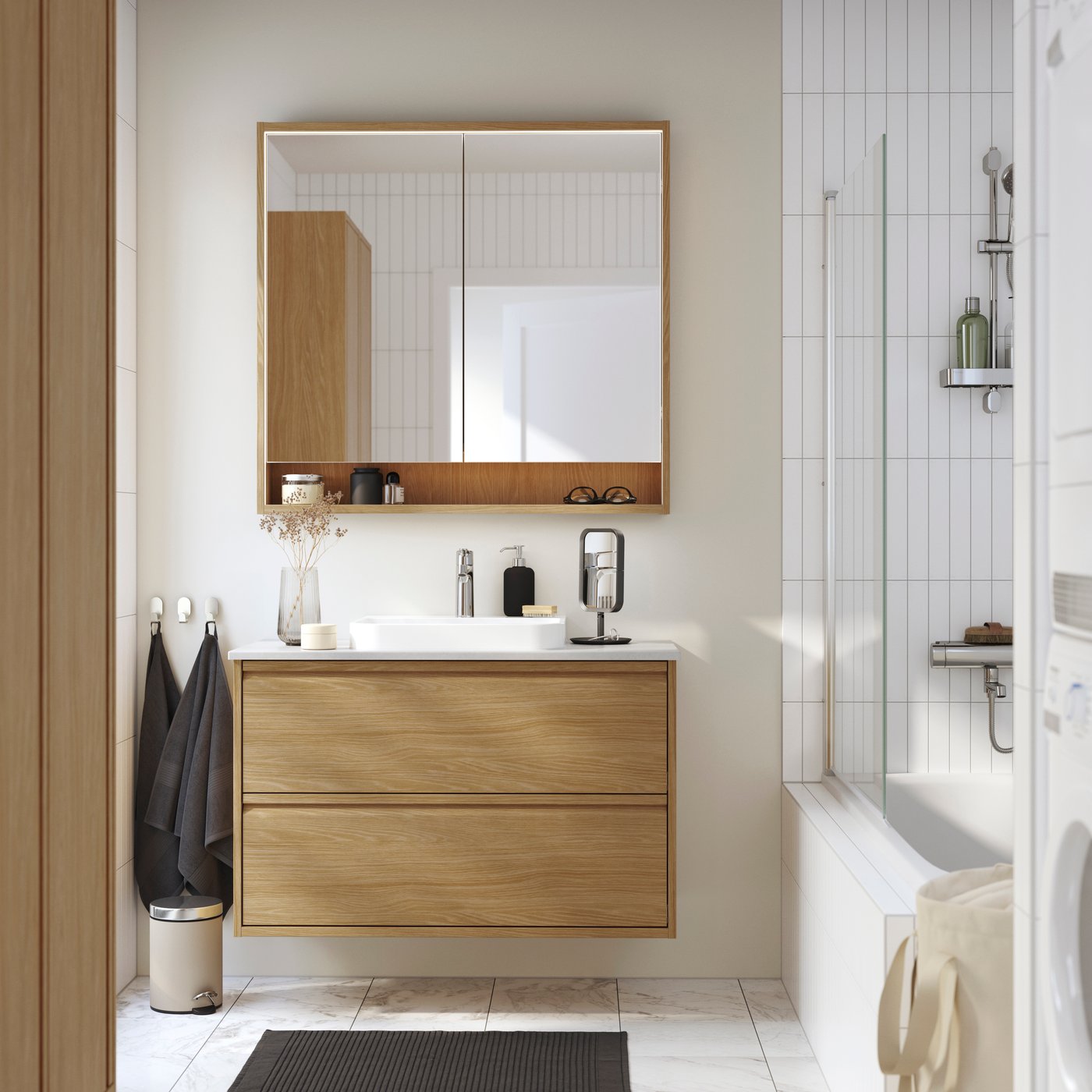 IKEA FAXÄLVEN spegelskåp m inbyggd belysning, ekmönstrad, 100x15x95 cm