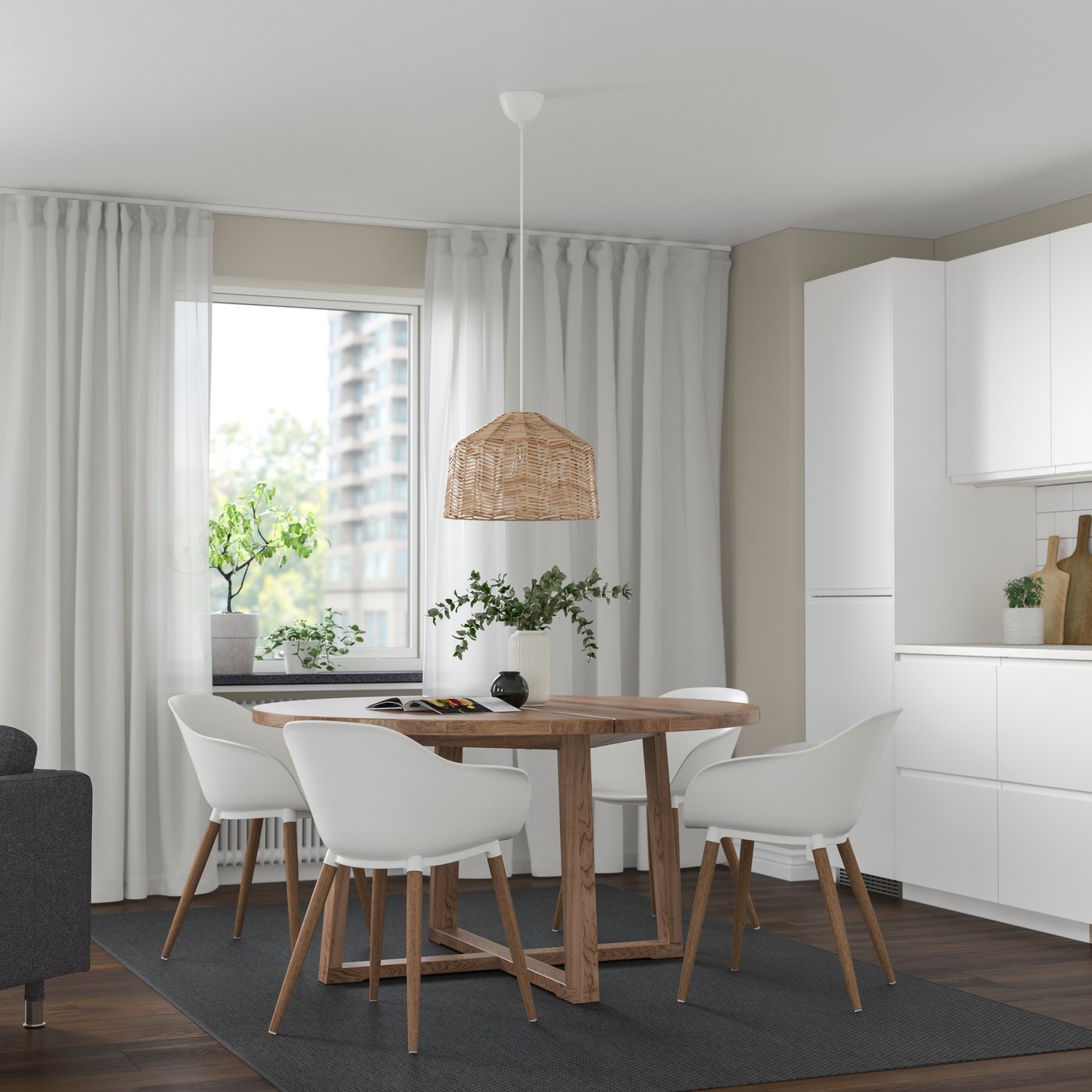 IKEA MÖRBYLÅNGA / GRÖNSTA bord och 4 karmstolar, ekfaner brunlaserad/vit, 145 cm