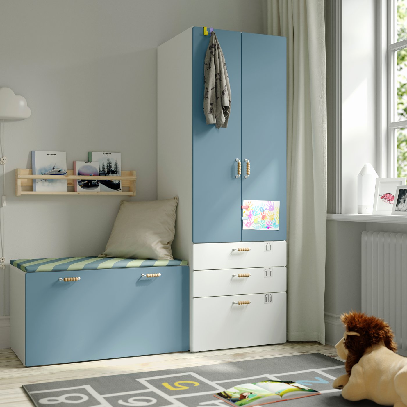 IKEA SMÅSTAD / PLATSA förvaringskombination, vit blå/med bänk, 150x57x181 cm
