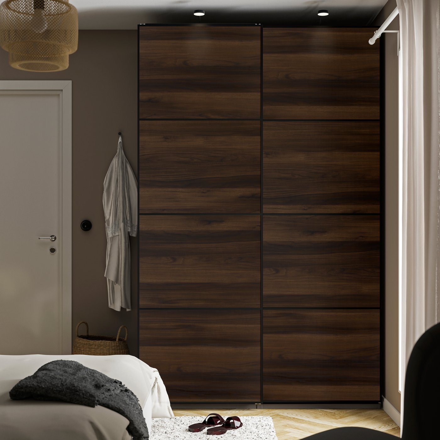 IKEA PAX / MEHAMN garderob med skjutdörrar, mörkgrå svart/dubbelsidig mörkbrun ekmönstrad, 150x66x236 cm