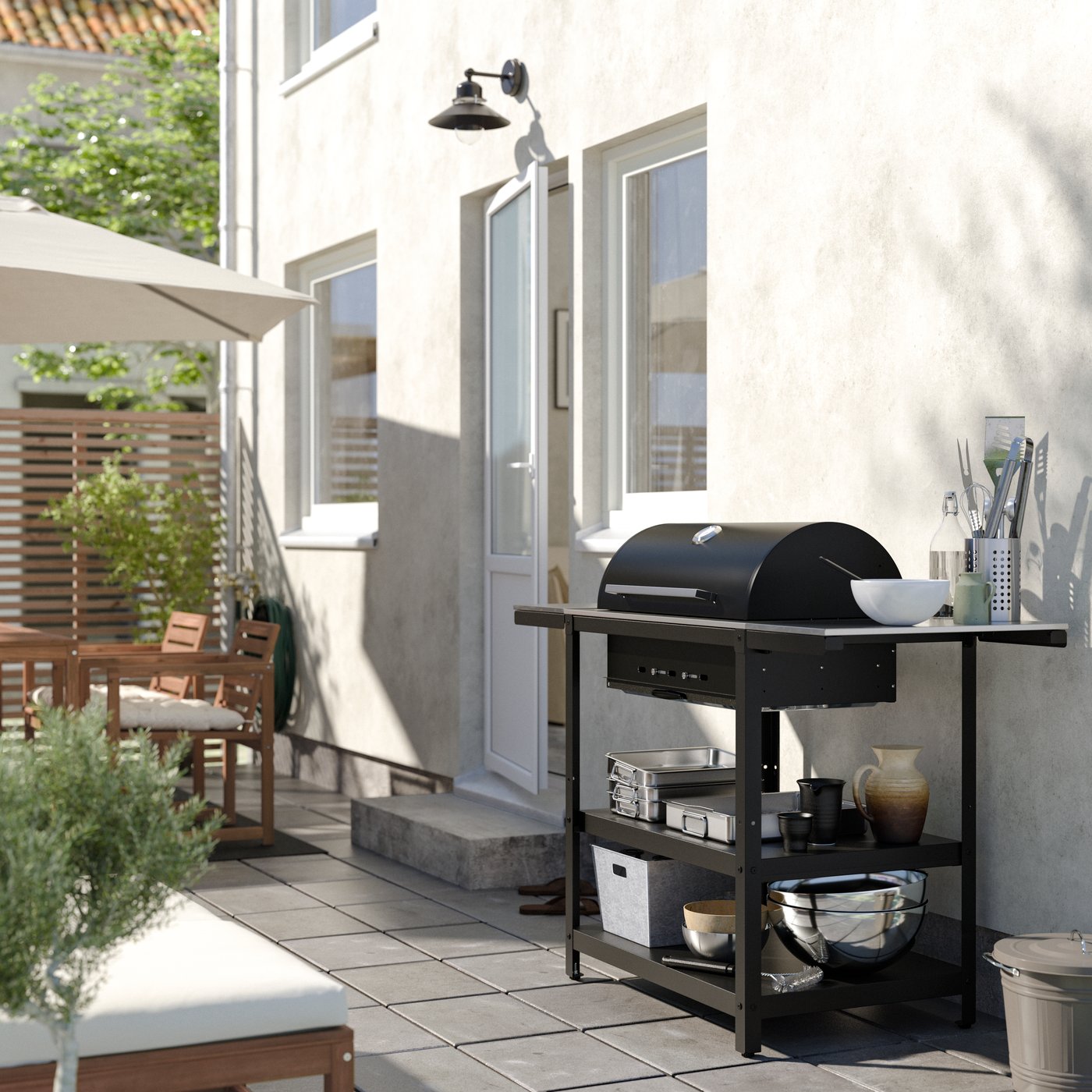 IKEA GRILLSKÄR kolgrill med 2 sidobord, rostfritt stål/utomhus, 99/123/147x61 cm